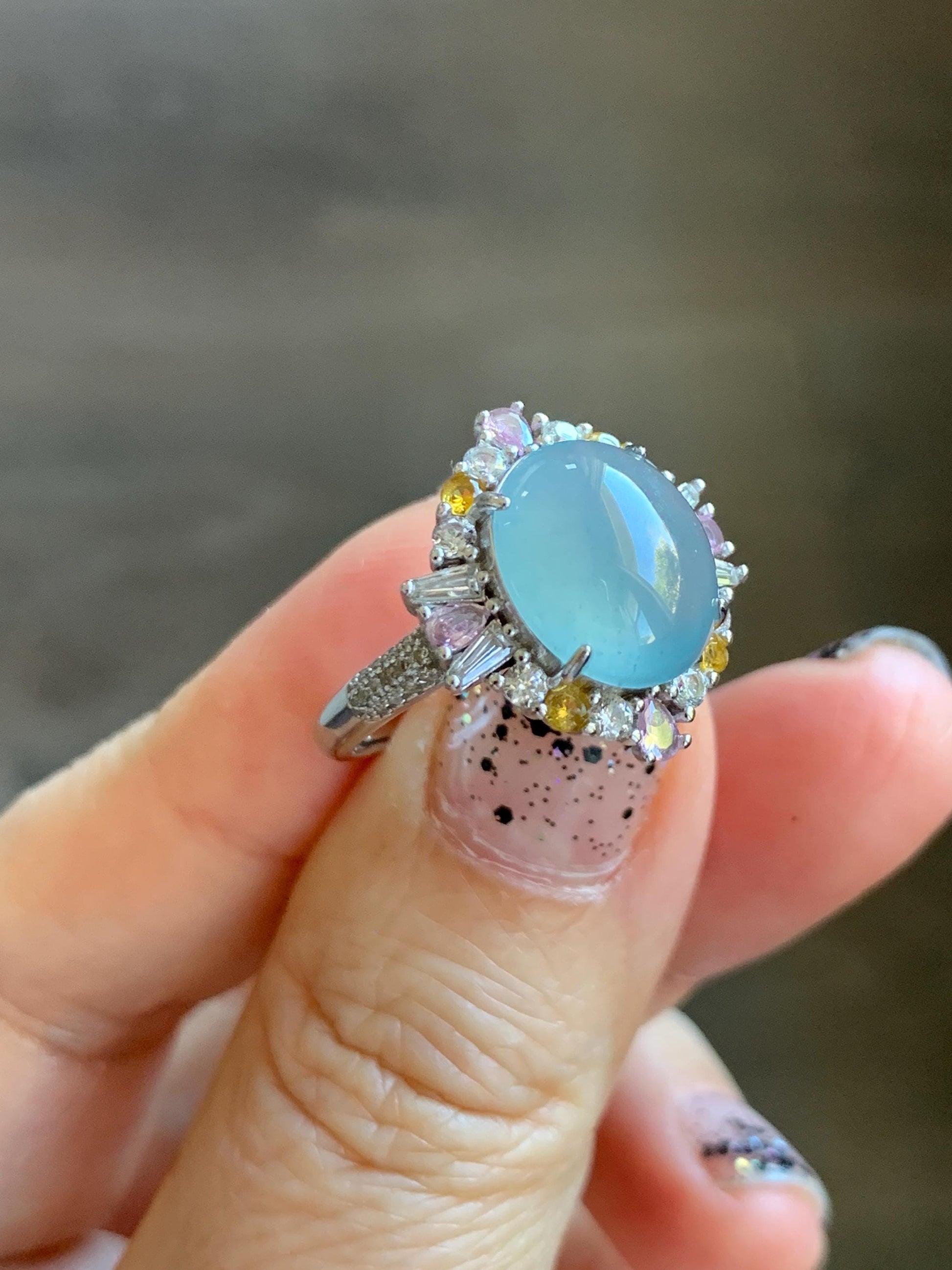 Natural Grade A Guatemalan Icy Translucent Light Teal Blue Oval Jade Jadeite Ring Sterling Silver Size Adjustable 天然冰危蓝翡翠银镶戒指 LDB165B
