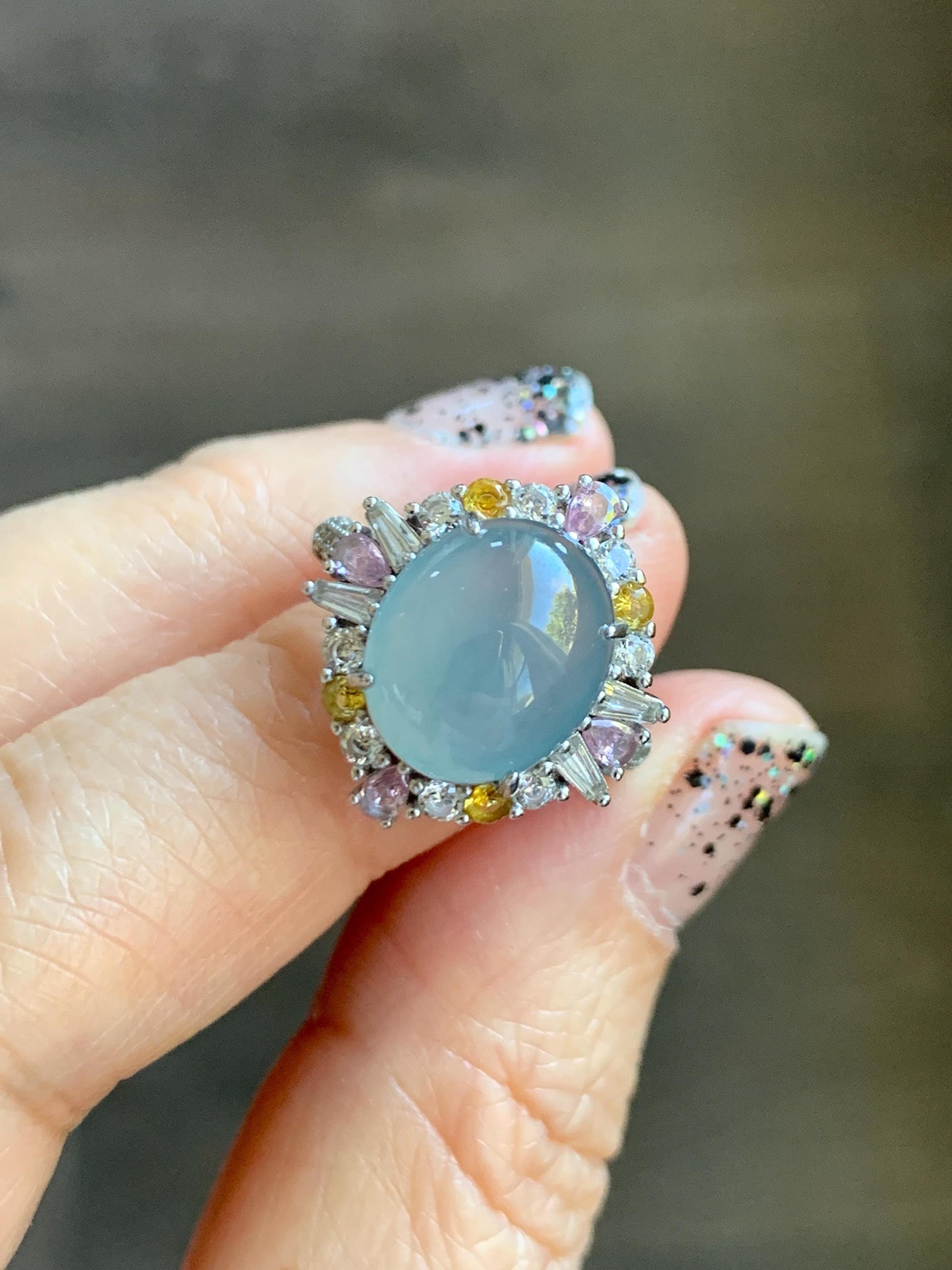 Natural Grade A Guatemalan Icy Translucent Light Teal Blue Oval Jade Jadeite Ring Sterling Silver Size Adjustable 天然冰危蓝翡翠银镶戒指 LDB165B
