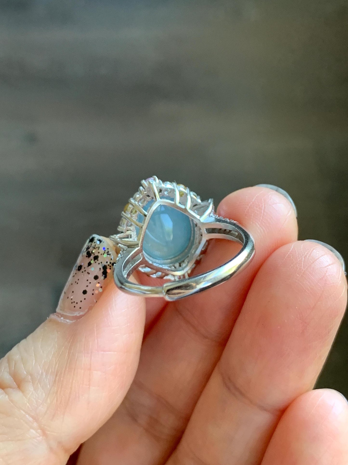 Natural Grade A Guatemalan Icy Translucent Light Teal Blue Oval Jade Jadeite Ring Sterling Silver Size Adjustable 天然冰危蓝翡翠银镶戒指 LDB165B