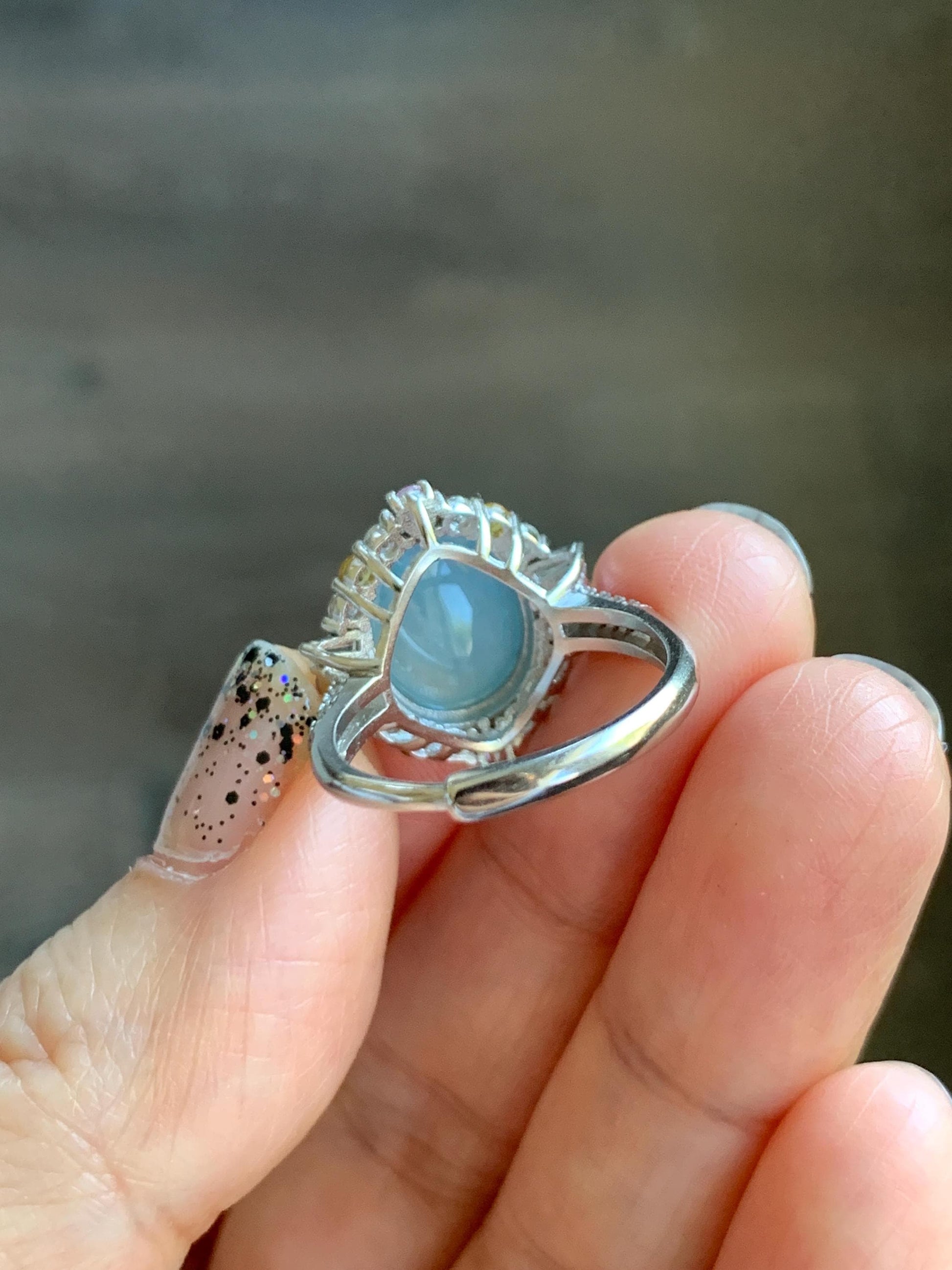 Natural Grade A Guatemalan Icy Translucent Light Teal Blue Oval Jade Jadeite Ring Sterling Silver Size Adjustable 天然冰危蓝翡翠银镶戒指 LDB165B
