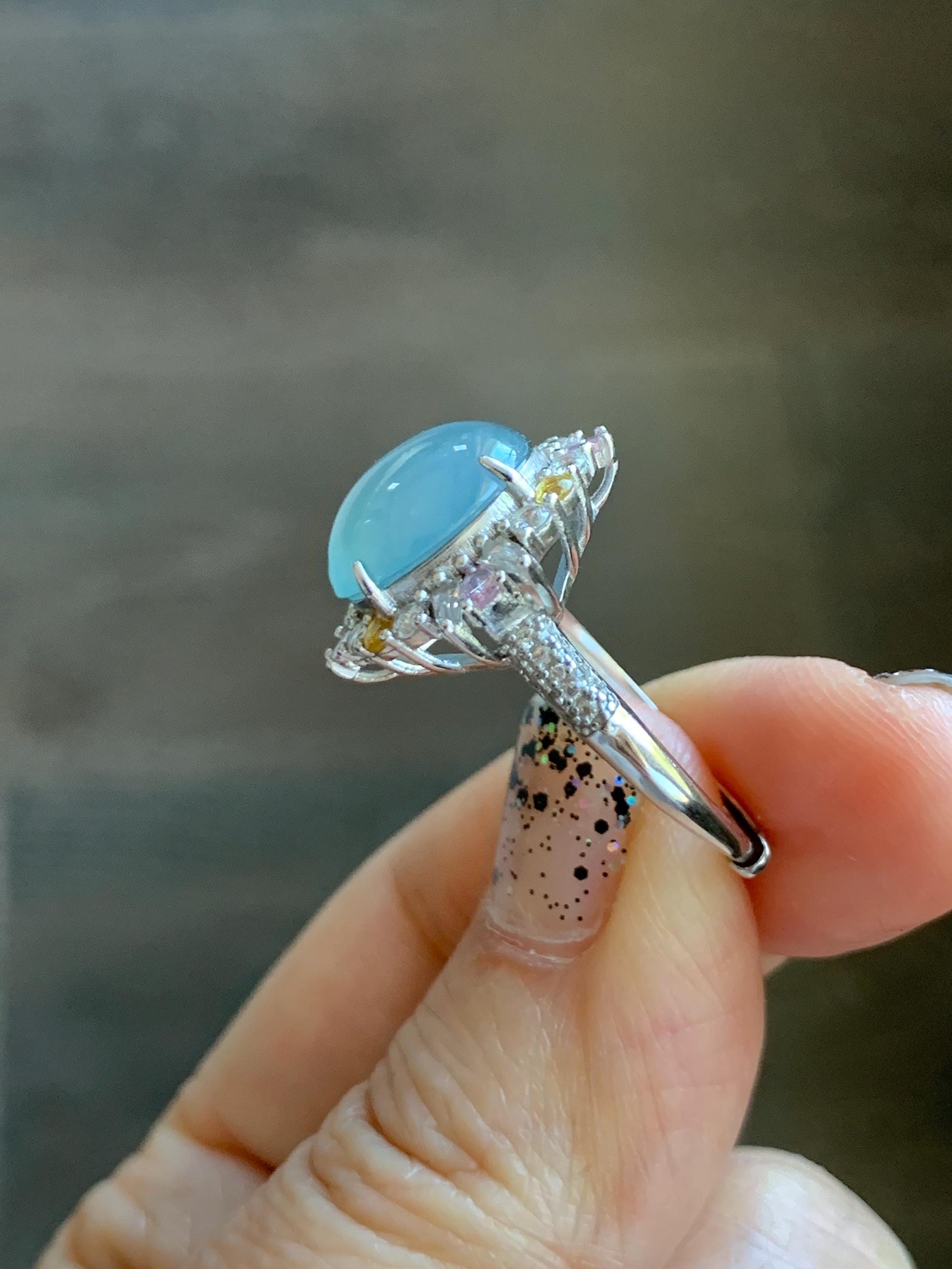 Natural Grade A Guatemalan Icy Translucent Light Teal Blue Oval Jade Jadeite Ring Sterling Silver Size Adjustable 天然冰危蓝翡翠银镶戒指 LDB165B