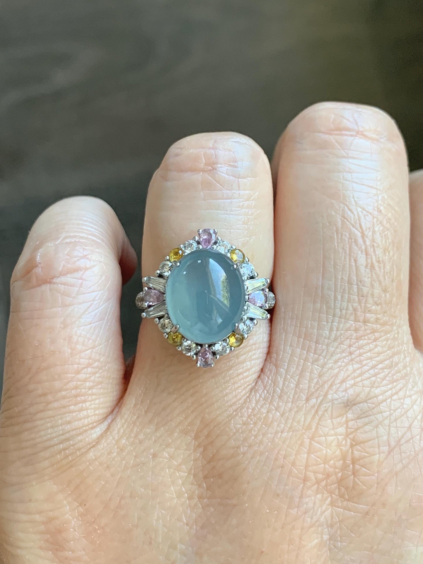 Natural Grade A Guatemalan Icy Translucent Light Teal Blue Oval Jade Jadeite Ring Sterling Silver Size Adjustable 天然冰危蓝翡翠银镶戒指 LDB165B