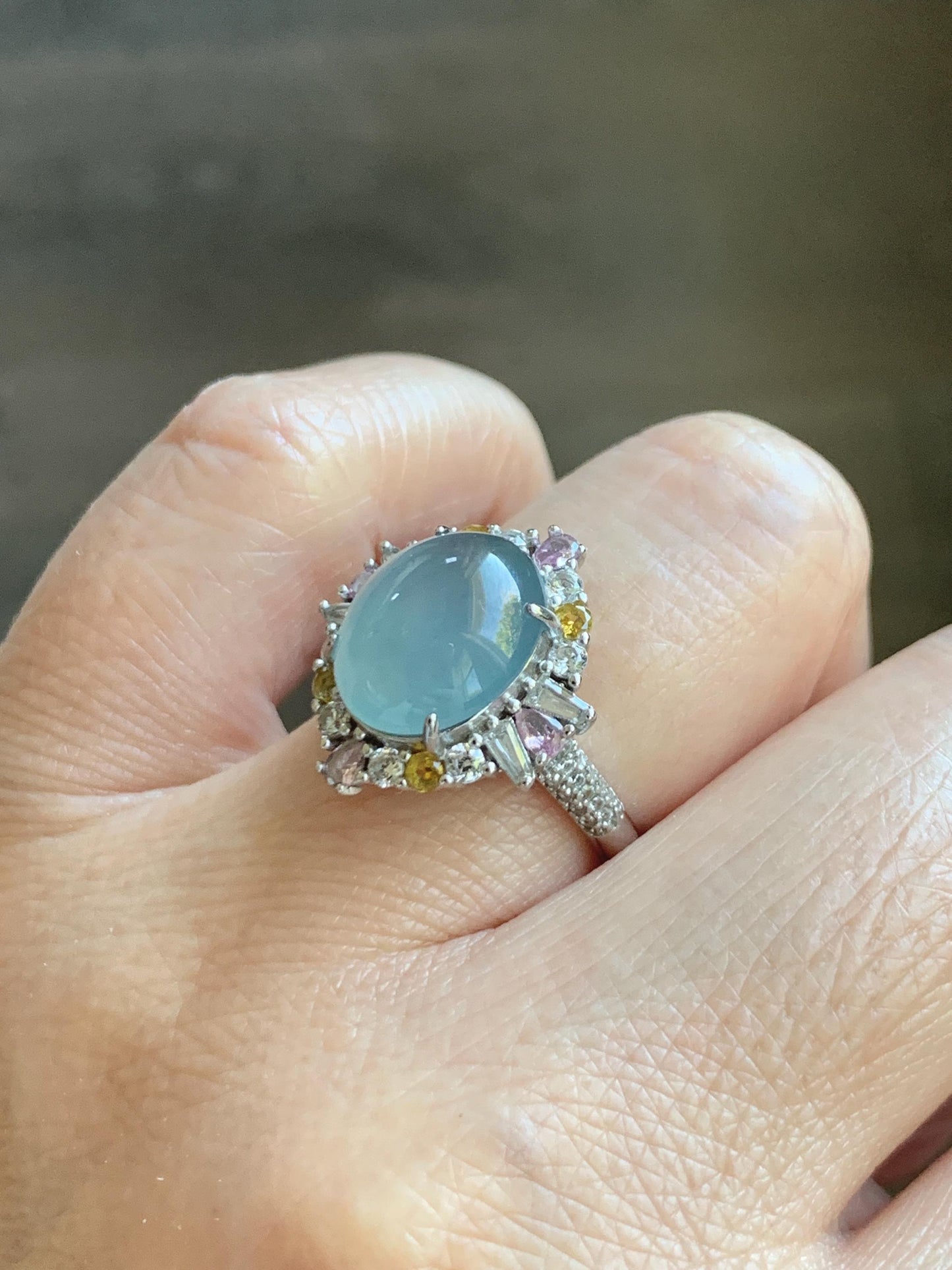 Natural Grade A Guatemalan Icy Translucent Light Teal Blue Oval Jade Jadeite Ring Sterling Silver Size Adjustable 天然冰危蓝翡翠银镶戒指 LDB165B
