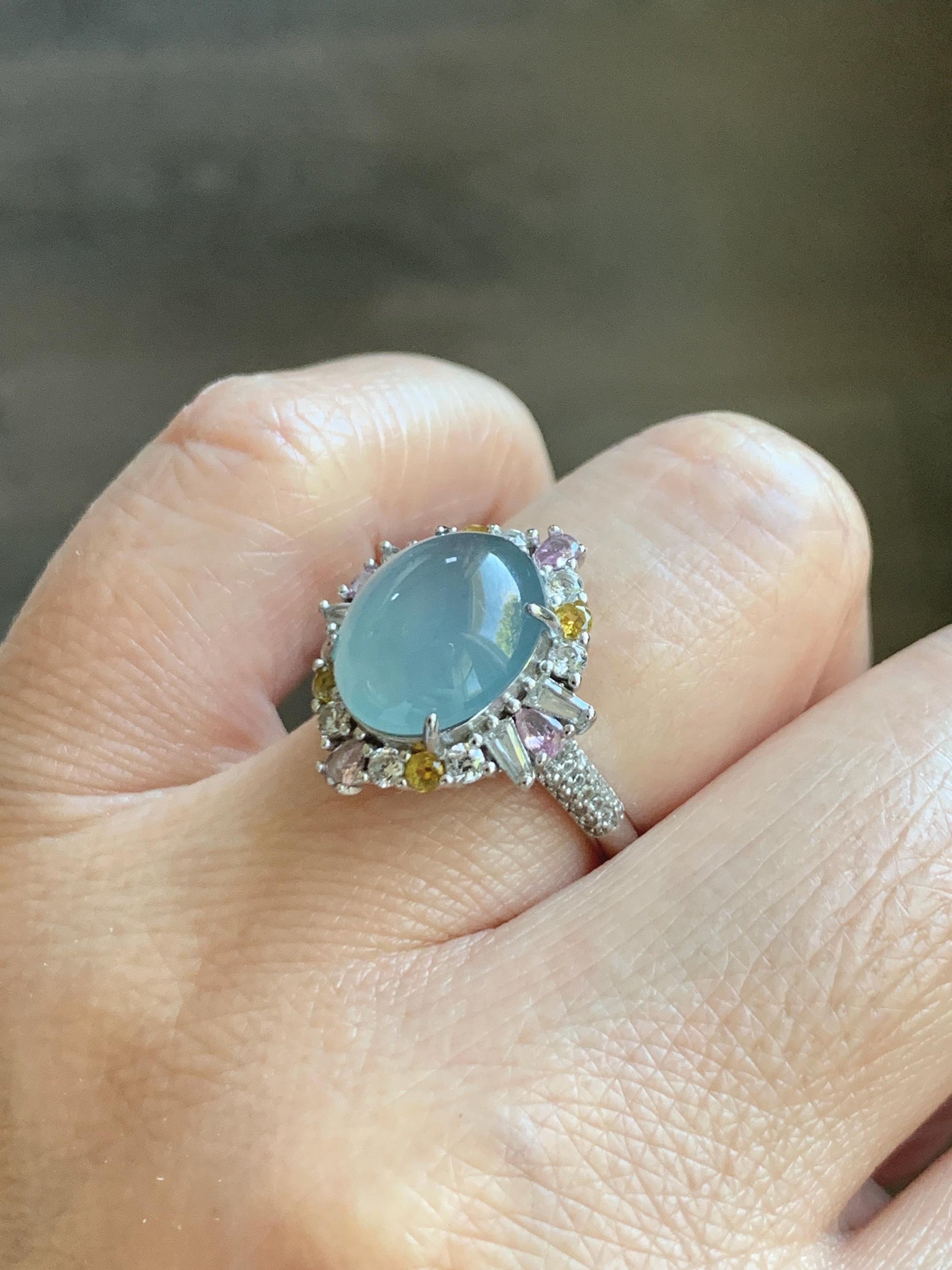 Natural Grade A Guatemalan Icy Translucent Light Teal Blue Oval Jade Jadeite Ring Sterling Silver Size Adjustable 天然冰危蓝翡翠银镶戒指 LDB165B