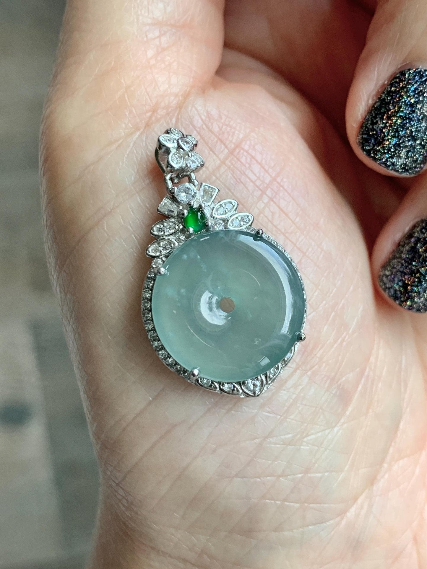 Natural Grade A Guatemalan Icy Translucent Pastel Teal Green Jade Jadeite Ping An Kou Donut Pendant Sterling Silver 天然冰危浅蓝绿翡翠平安扣吊坠 WQK204A