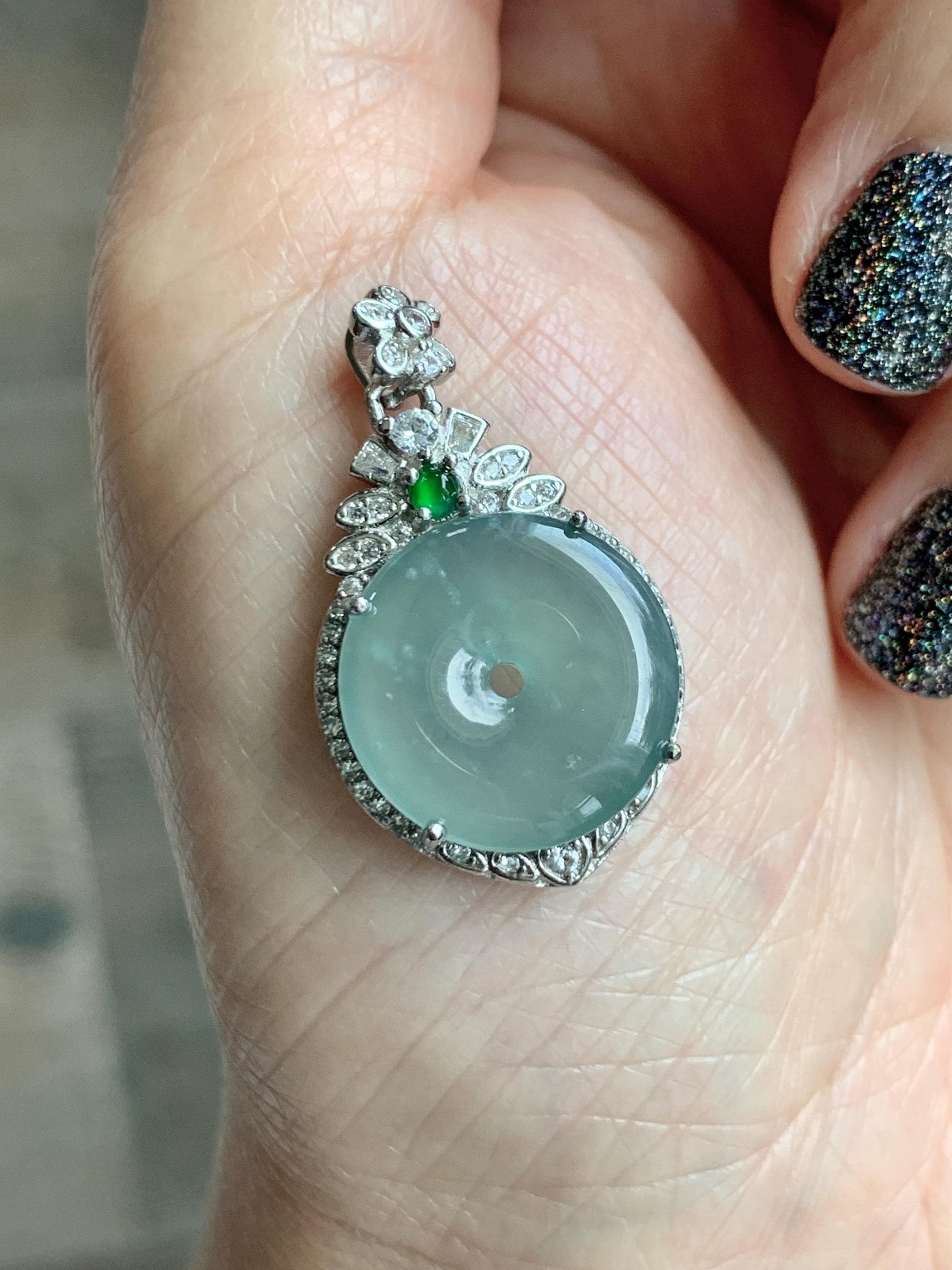 Natural Grade A Guatemalan Icy Translucent Pastel Teal Green Jade Jadeite Ping An Kou Donut Pendant Sterling Silver 天然冰危浅蓝绿翡翠平安扣吊坠 WQK204A