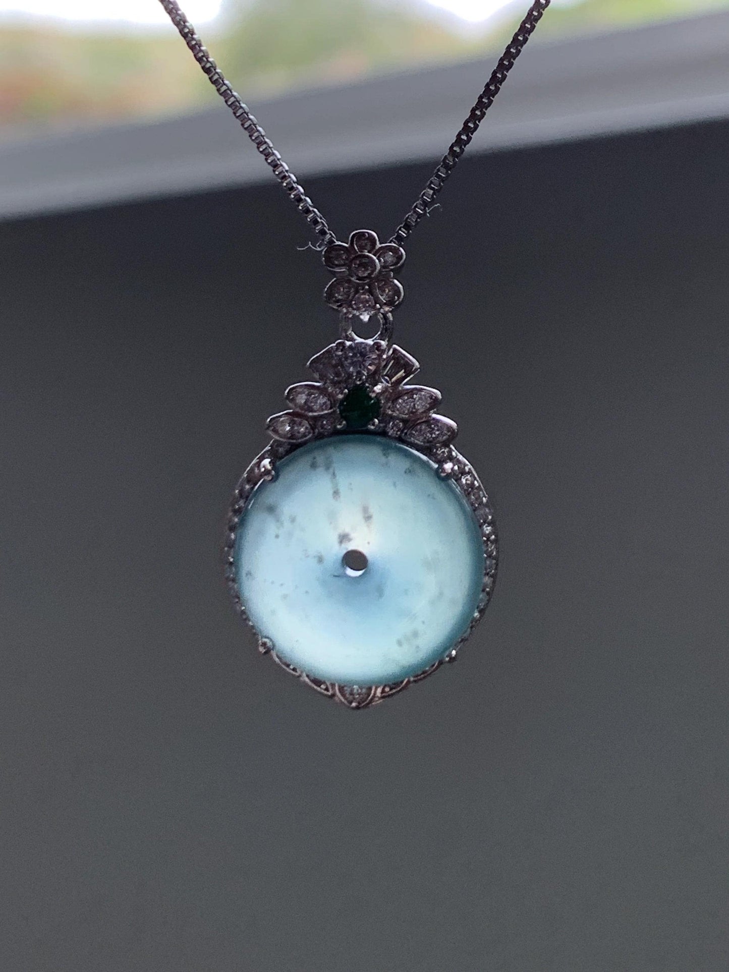 Natural Grade A Guatemalan Icy Translucent Pastel Teal Green Jade Jadeite Ping An Kou Donut Pendant Sterling Silver 天然冰危浅蓝绿翡翠平安扣吊坠 WQK204A