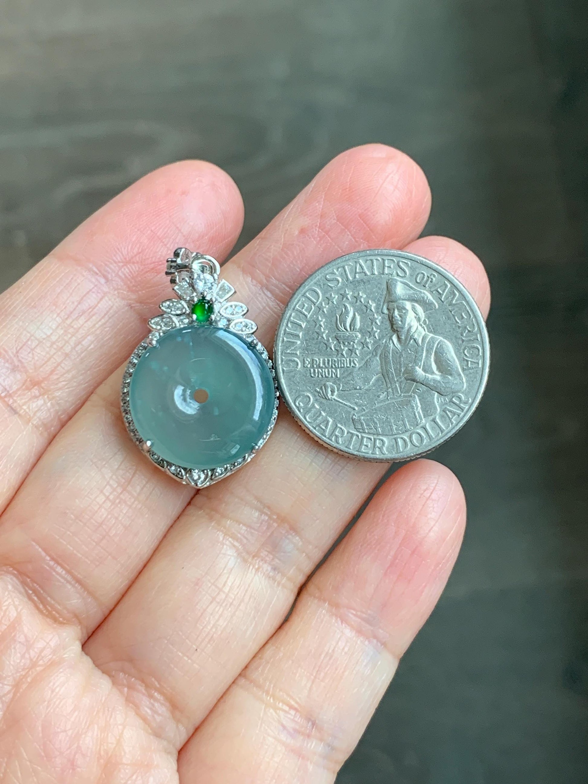 Natural Grade A Guatemalan Icy Translucent Pastel Teal Green Jade Jadeite Ping An Kou Donut Pendant Sterling Silver 天然冰危浅蓝绿翡翠平安扣吊坠 WQK204A