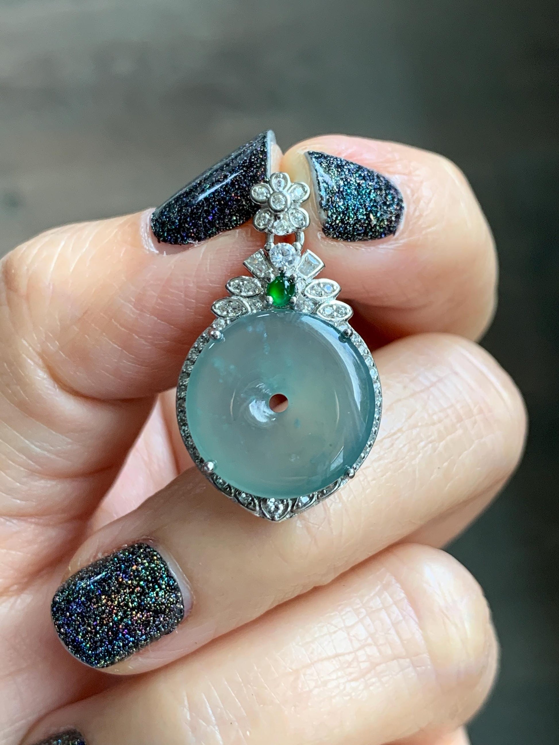 Natural Grade A Guatemalan Icy Translucent Pastel Teal Green Jade Jadeite Ping An Kou Donut Pendant Sterling Silver 天然冰危浅蓝绿翡翠平安扣吊坠 WQK204A