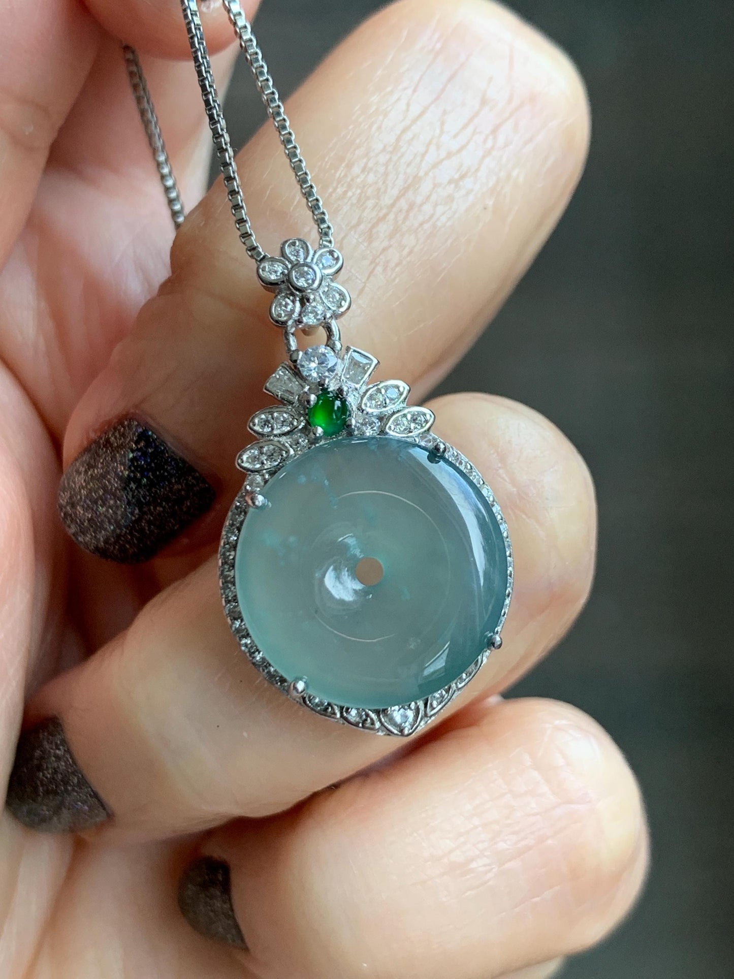 Natural Grade A Guatemalan Icy Translucent Pastel Teal Green Jade Jadeite Ping An Kou Donut Pendant Sterling Silver 天然冰危浅蓝绿翡翠平安扣吊坠 WQK204A