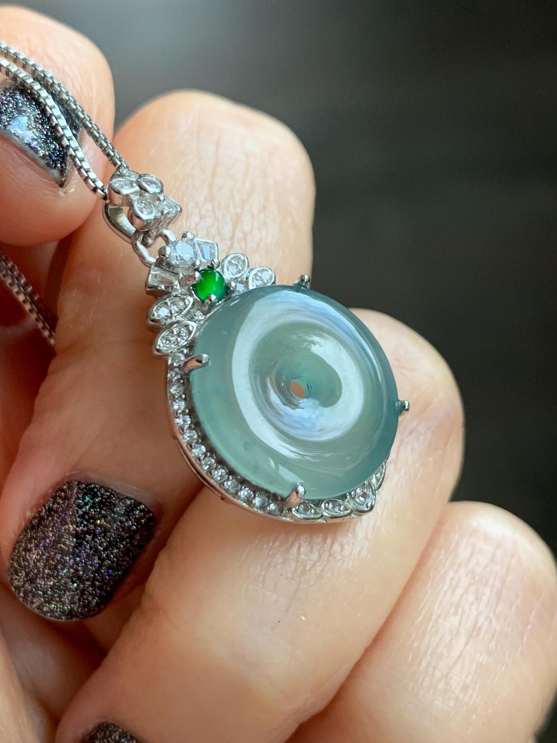 Natural Grade A Guatemalan Icy Translucent Pastel Teal Green Jade Jadeite Ping An Kou Donut Pendant Sterling Silver 天然冰危浅蓝绿翡翠平安扣吊坠 WQK204A