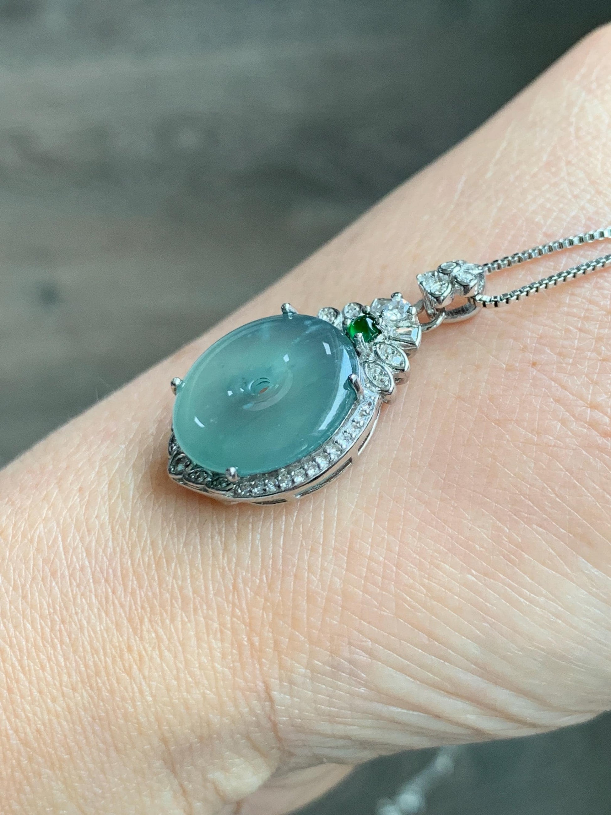 Natural Grade A Guatemalan Icy Translucent Pastel Teal Green Jade Jadeite Ping An Kou Donut Pendant Sterling Silver 天然冰危浅蓝绿翡翠平安扣吊坠 WQK204A