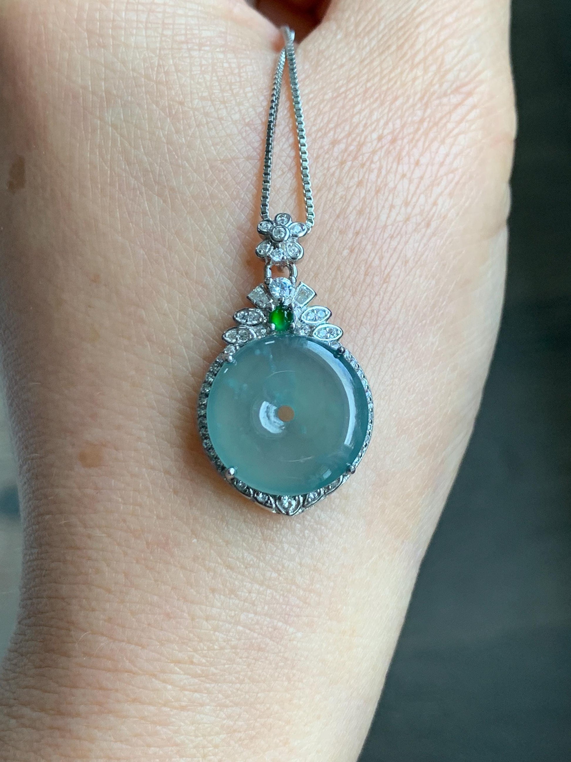 Natural Grade A Guatemalan Icy Translucent Pastel Teal Green Jade Jadeite Ping An Kou Donut Pendant Sterling Silver 天然冰危浅蓝绿翡翠平安扣吊坠 WQK204A