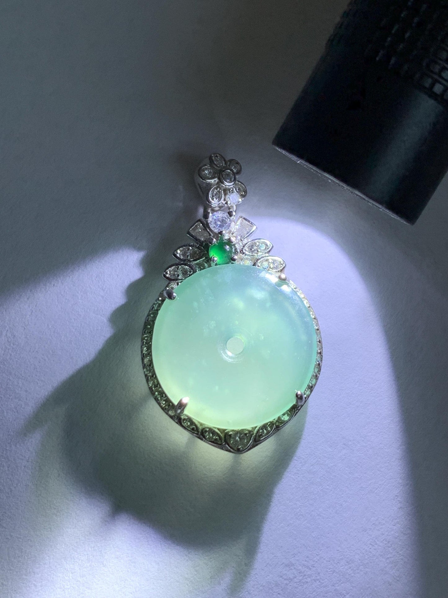 Natural Grade A Guatemalan Icy Translucent Pastel Teal Green Jade Jadeite Ping An Kou Donut Pendant Sterling Silver 天然冰危浅蓝绿翡翠平安扣吊坠 WQK204B
