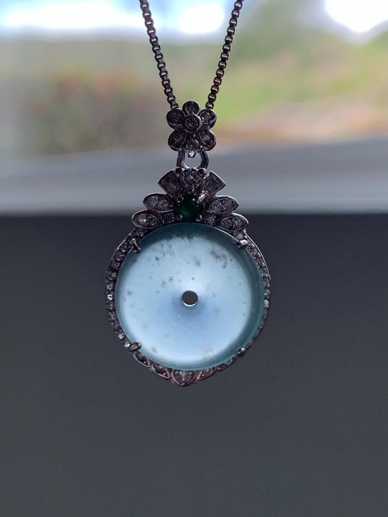 Natural Grade A Guatemalan Icy Translucent Pastel Teal Green Jade Jadeite Ping An Kou Donut Pendant Sterling Silver 天然冰危浅蓝绿翡翠平安扣吊坠 WQK204B