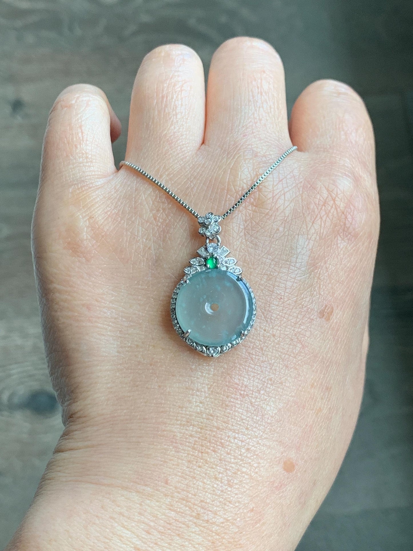 Natural Grade A Guatemalan Icy Translucent Pastel Teal Green Jade Jadeite Ping An Kou Donut Pendant Sterling Silver 天然冰危浅蓝绿翡翠平安扣吊坠 WQK204B