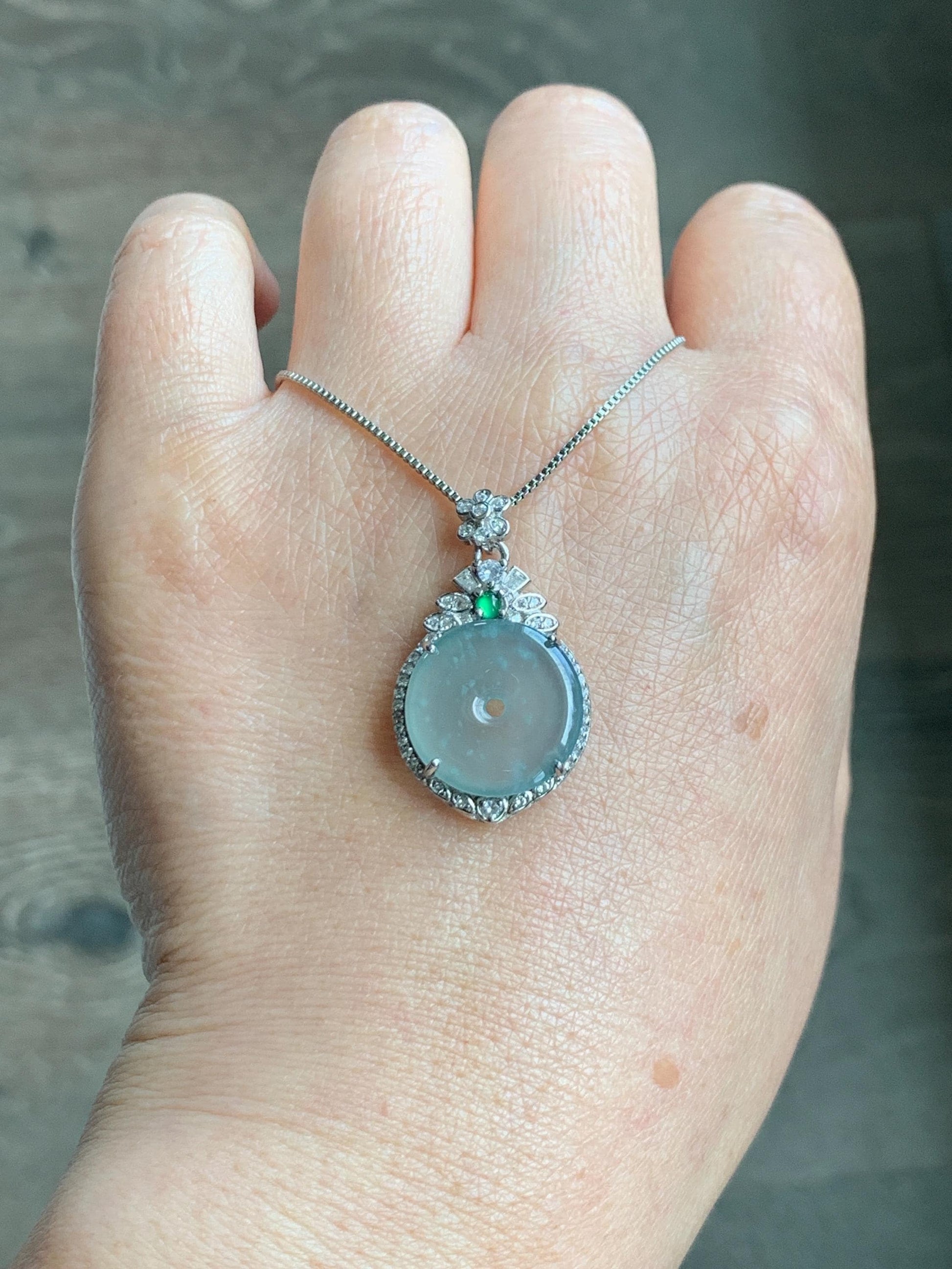Natural Grade A Guatemalan Icy Translucent Pastel Teal Green Jade Jadeite Ping An Kou Donut Pendant Sterling Silver 天然冰危浅蓝绿翡翠平安扣吊坠 WQK204B