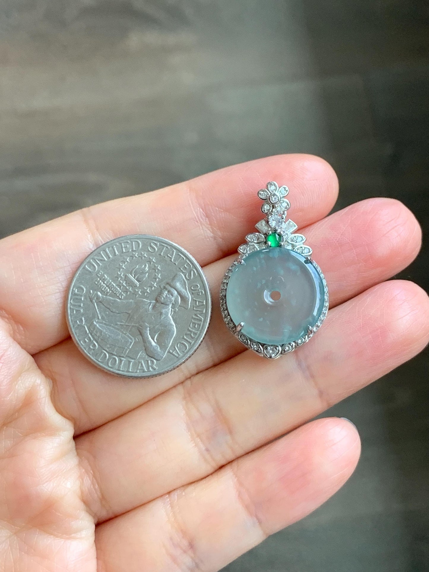 Natural Grade A Guatemalan Icy Translucent Pastel Teal Green Jade Jadeite Ping An Kou Donut Pendant Sterling Silver 天然冰危浅蓝绿翡翠平安扣吊坠 WQK204B