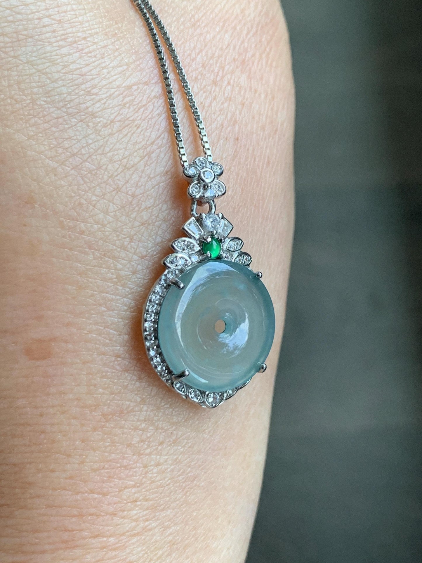 Natural Grade A Guatemalan Icy Translucent Pastel Teal Green Jade Jadeite Ping An Kou Donut Pendant Sterling Silver 天然冰危浅蓝绿翡翠平安扣吊坠 WQK204B