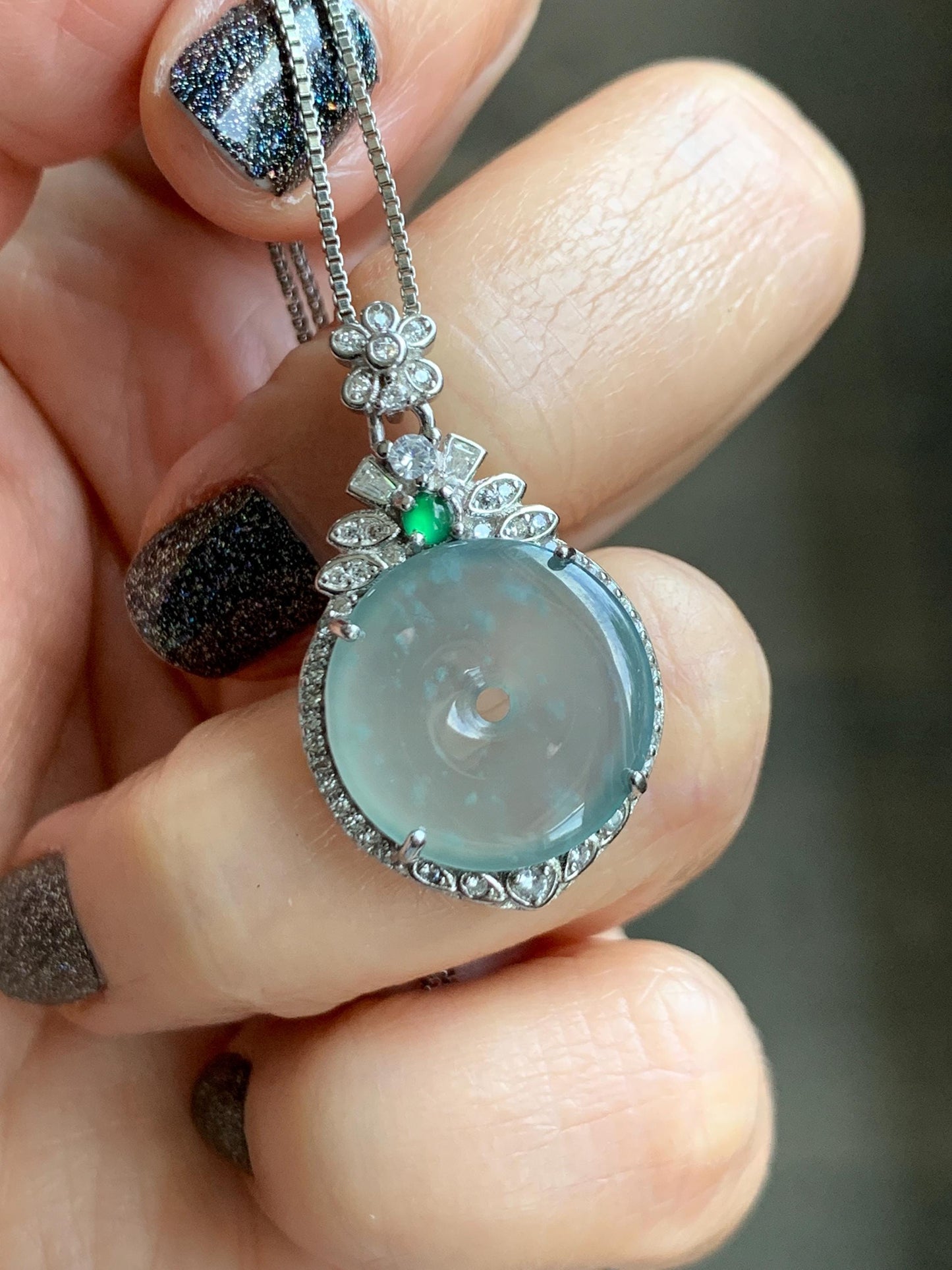 Natural Grade A Guatemalan Icy Translucent Pastel Teal Green Jade Jadeite Ping An Kou Donut Pendant Sterling Silver 天然冰危浅蓝绿翡翠平安扣吊坠 WQK204B