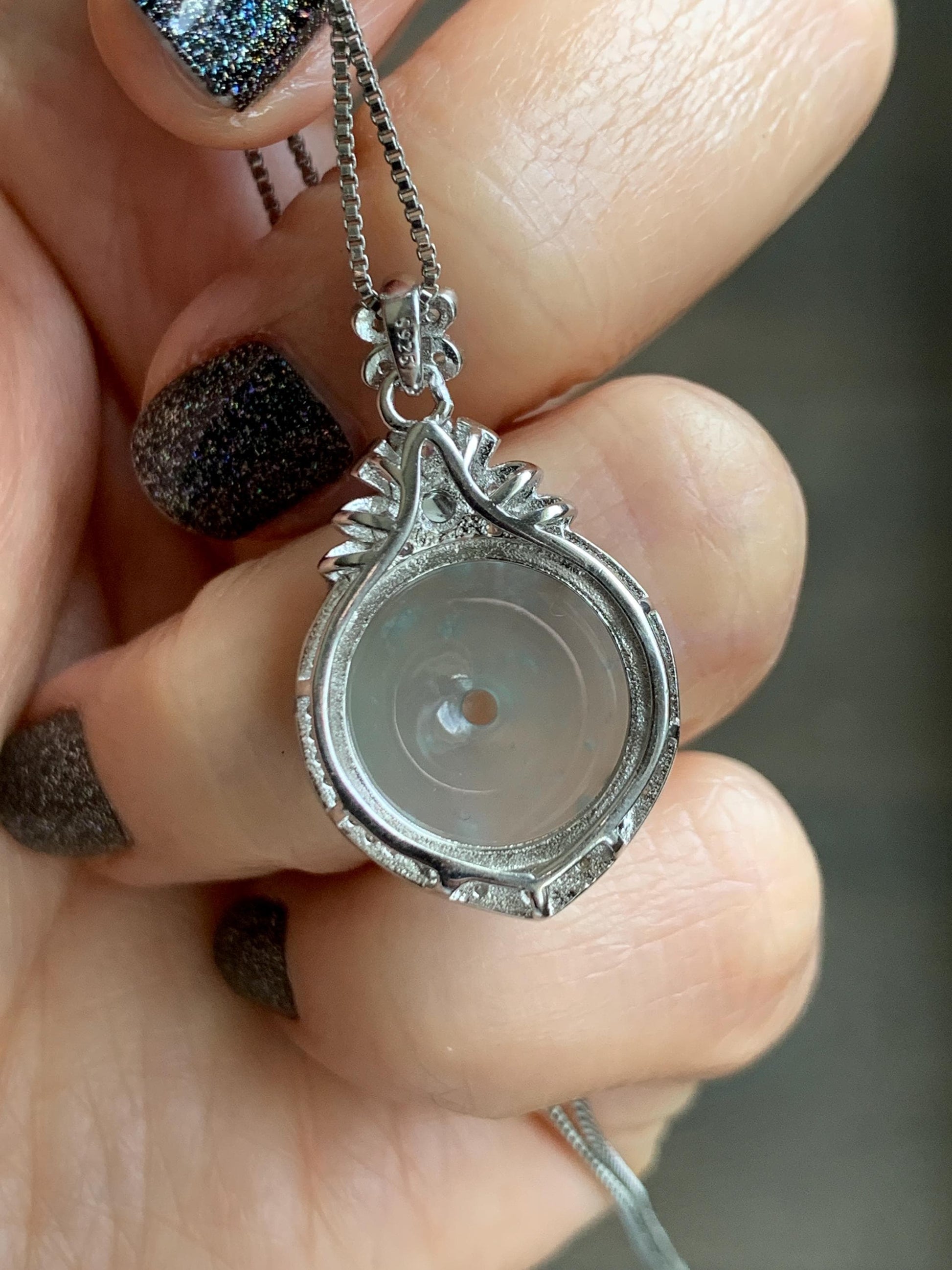 Natural Grade A Guatemalan Icy Translucent Pastel Teal Green Jade Jadeite Ping An Kou Donut Pendant Sterling Silver 天然冰危浅蓝绿翡翠平安扣吊坠 WQK204B