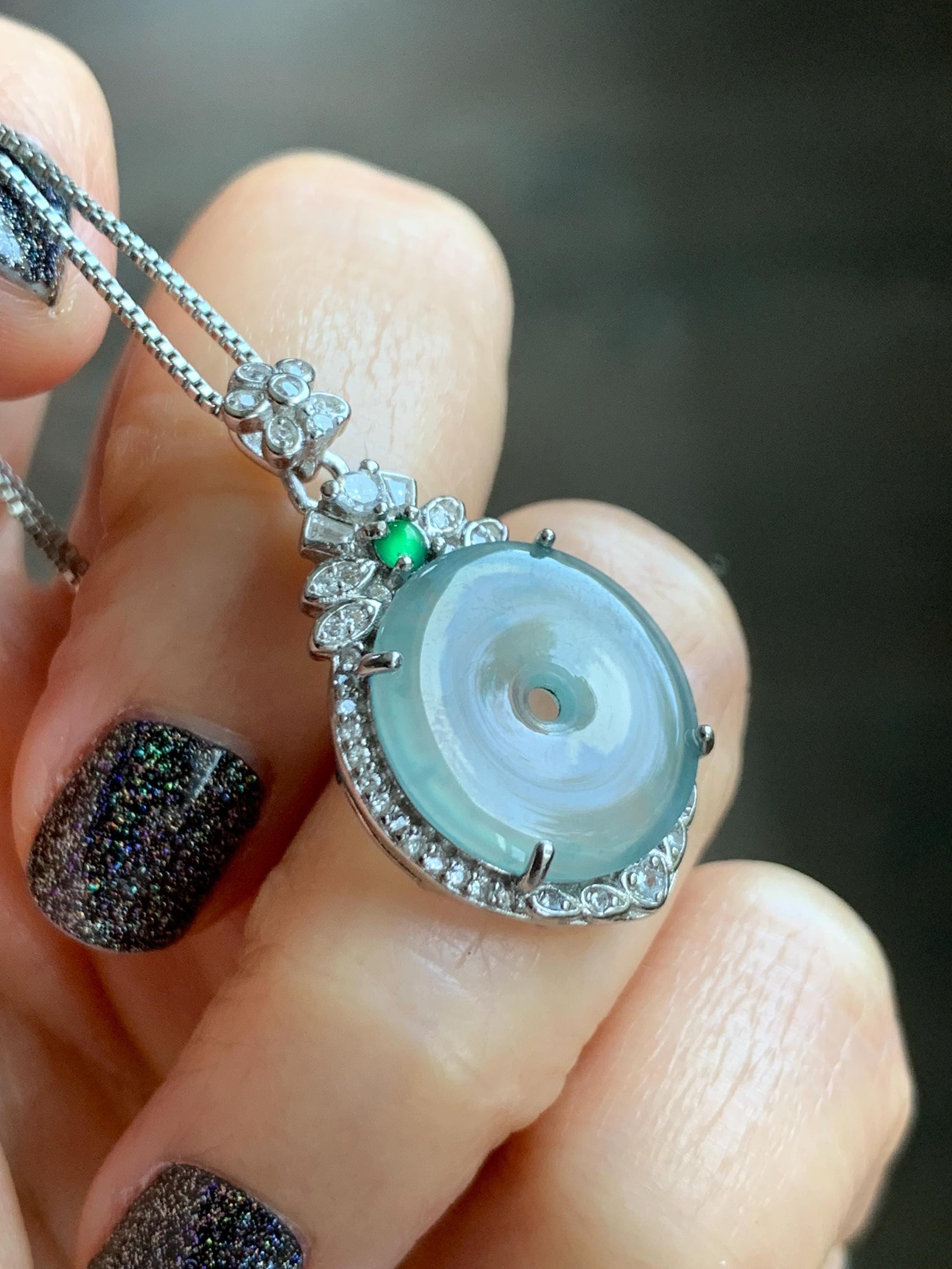 Natural Grade A Guatemalan Icy Translucent Pastel Teal Green Jade Jadeite Ping An Kou Donut Pendant Sterling Silver 天然冰危浅蓝绿翡翠平安扣吊坠 WQK204B