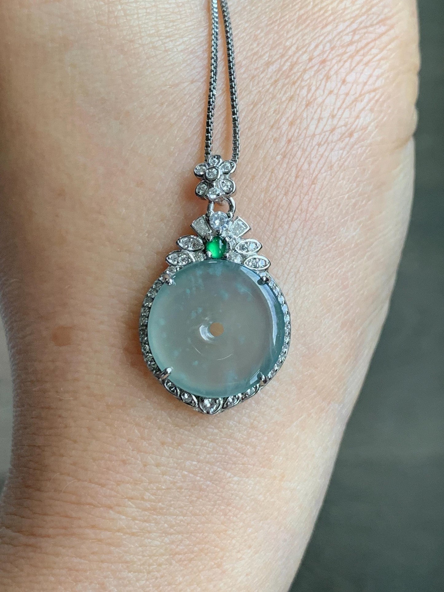 Natural Grade A Guatemalan Icy Translucent Pastel Teal Green Jade Jadeite Ping An Kou Donut Pendant Sterling Silver 天然冰危浅蓝绿翡翠平安扣吊坠 WQK204B