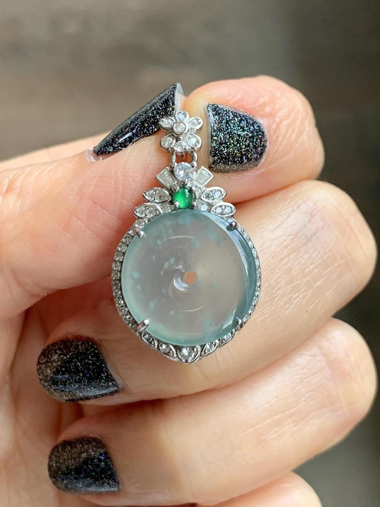 Natural Grade A Guatemalan Icy Translucent Pastel Teal Green Jade Jadeite Ping An Kou Donut Pendant Sterling Silver 天然冰危浅蓝绿翡翠平安扣吊坠 WQK204B