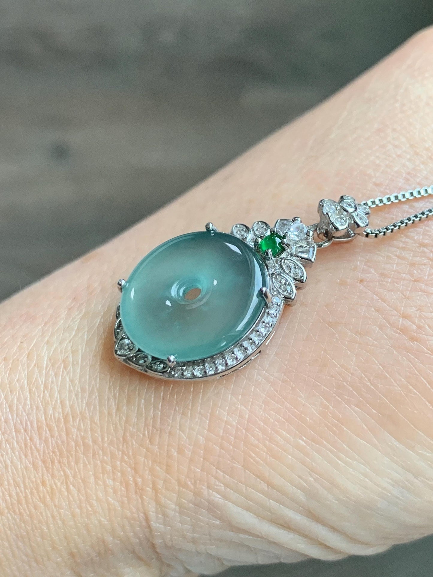 Natural Grade A Guatemalan Icy Translucent Pastel Teal Green Jade Jadeite Ping An Kou Donut Pendant Sterling Silver 天然冰危浅蓝绿翡翠平安扣吊坠 WQK204C