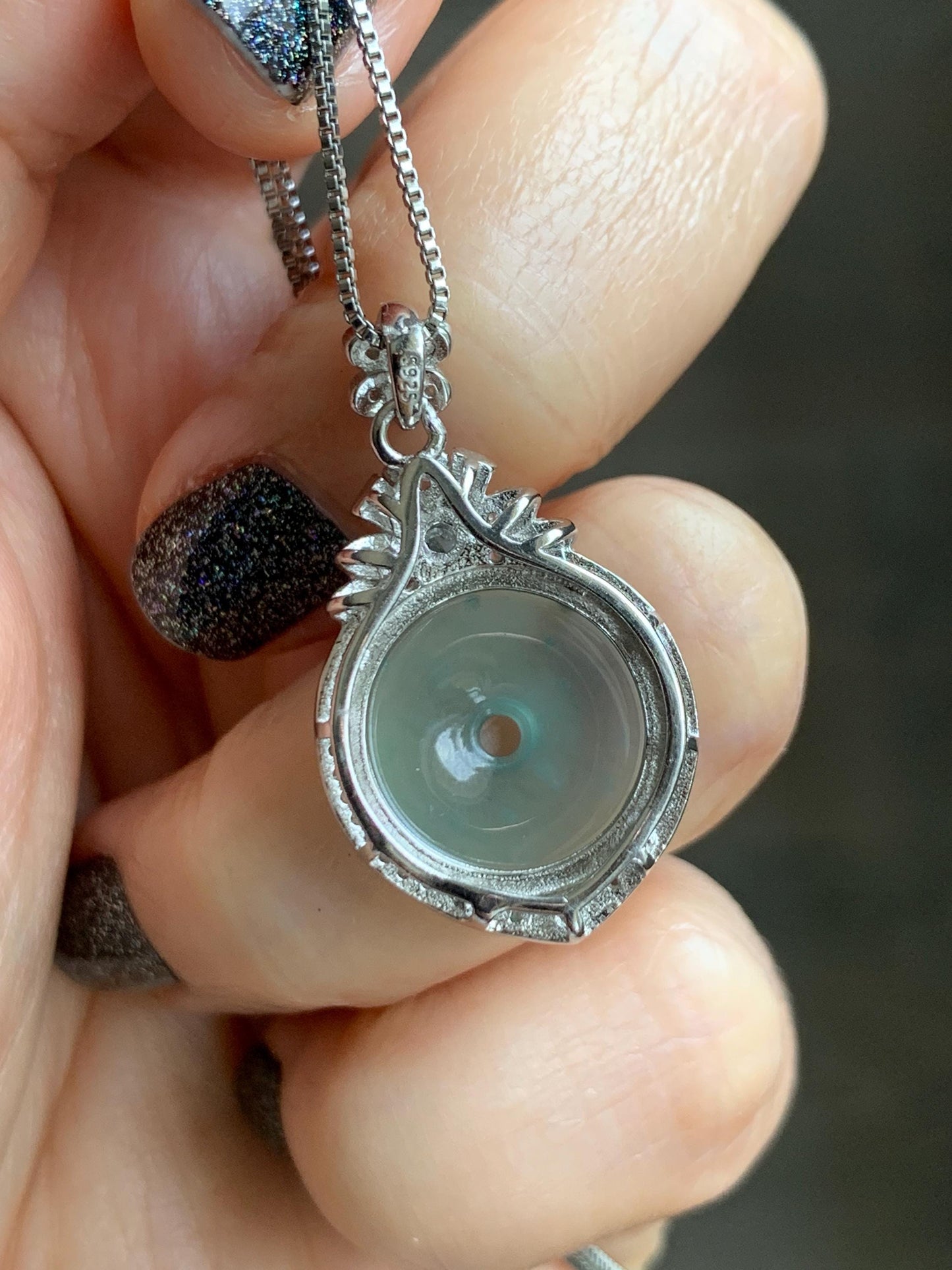 Natural Grade A Guatemalan Icy Translucent Pastel Teal Green Jade Jadeite Ping An Kou Donut Pendant Sterling Silver 天然冰危浅蓝绿翡翠平安扣吊坠 WQK204C