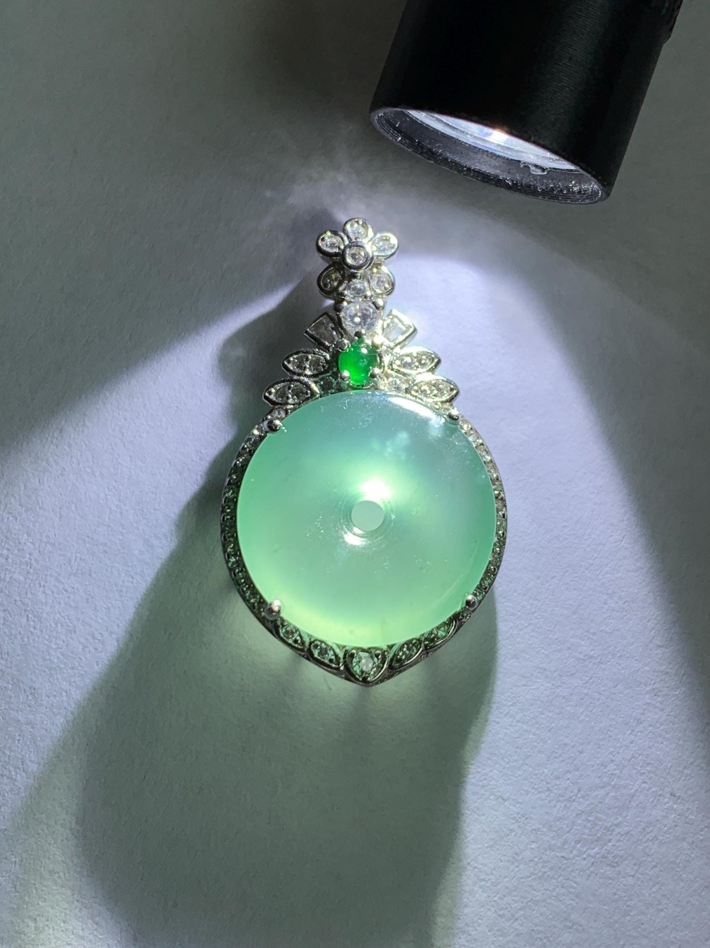 Natural Grade A Guatemalan Icy Translucent Pastel Teal Green Jade Jadeite Ping An Kou Donut Pendant Sterling Silver 天然冰危浅蓝绿翡翠平安扣吊坠 WQK204C