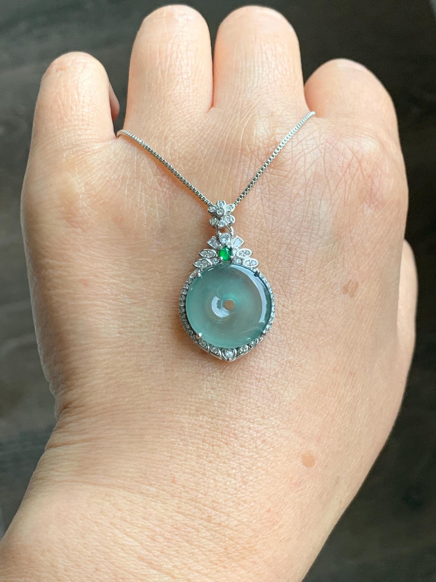 Natural Grade A Guatemalan Icy Translucent Pastel Teal Green Jade Jadeite Ping An Kou Donut Pendant Sterling Silver 天然冰危浅蓝绿翡翠平安扣吊坠 WQK204C