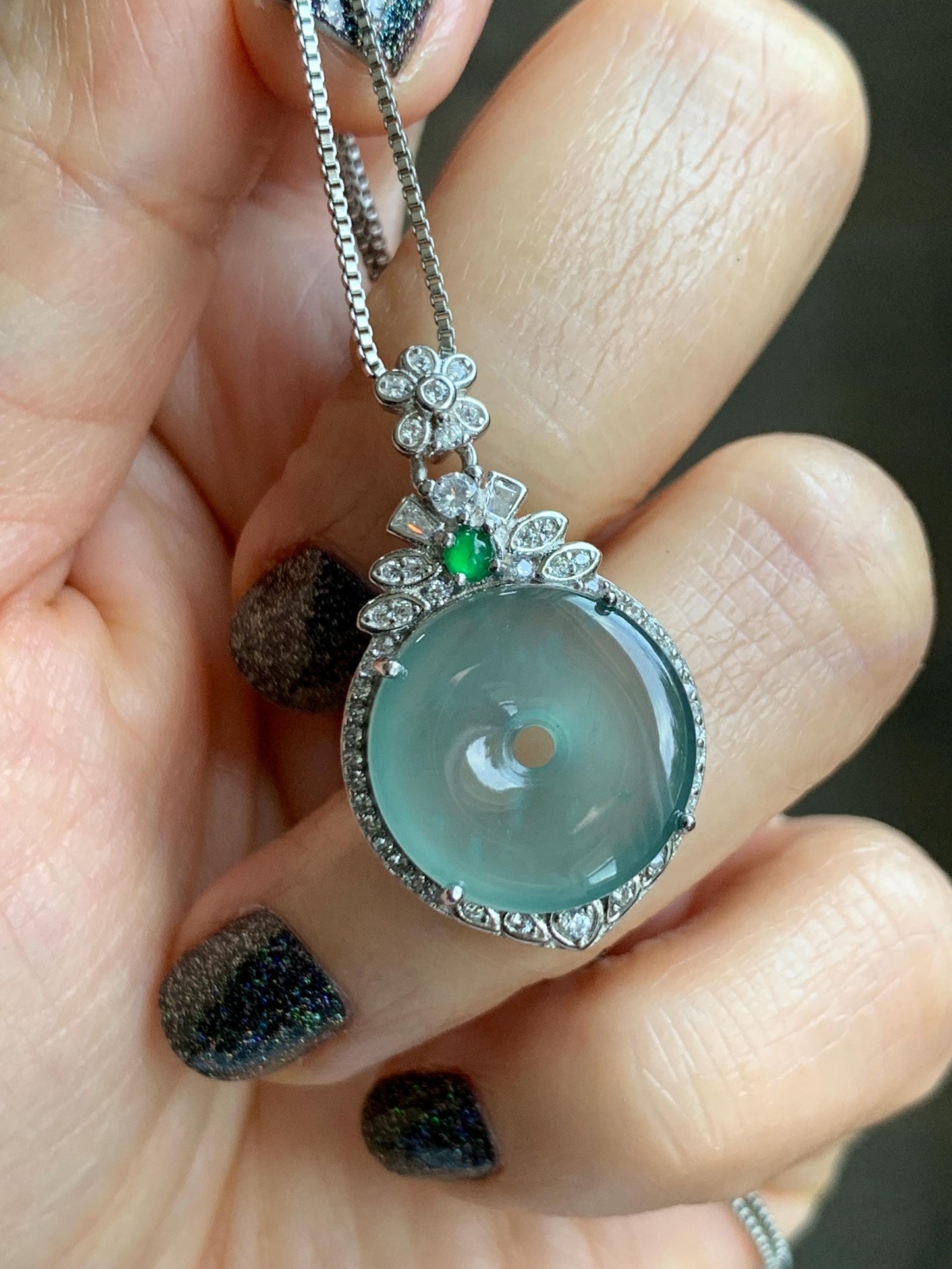 Natural Grade A Guatemalan Icy Translucent Pastel Teal Green Jade Jadeite Ping An Kou Donut Pendant Sterling Silver 天然冰危浅蓝绿翡翠平安扣吊坠 WQK204C