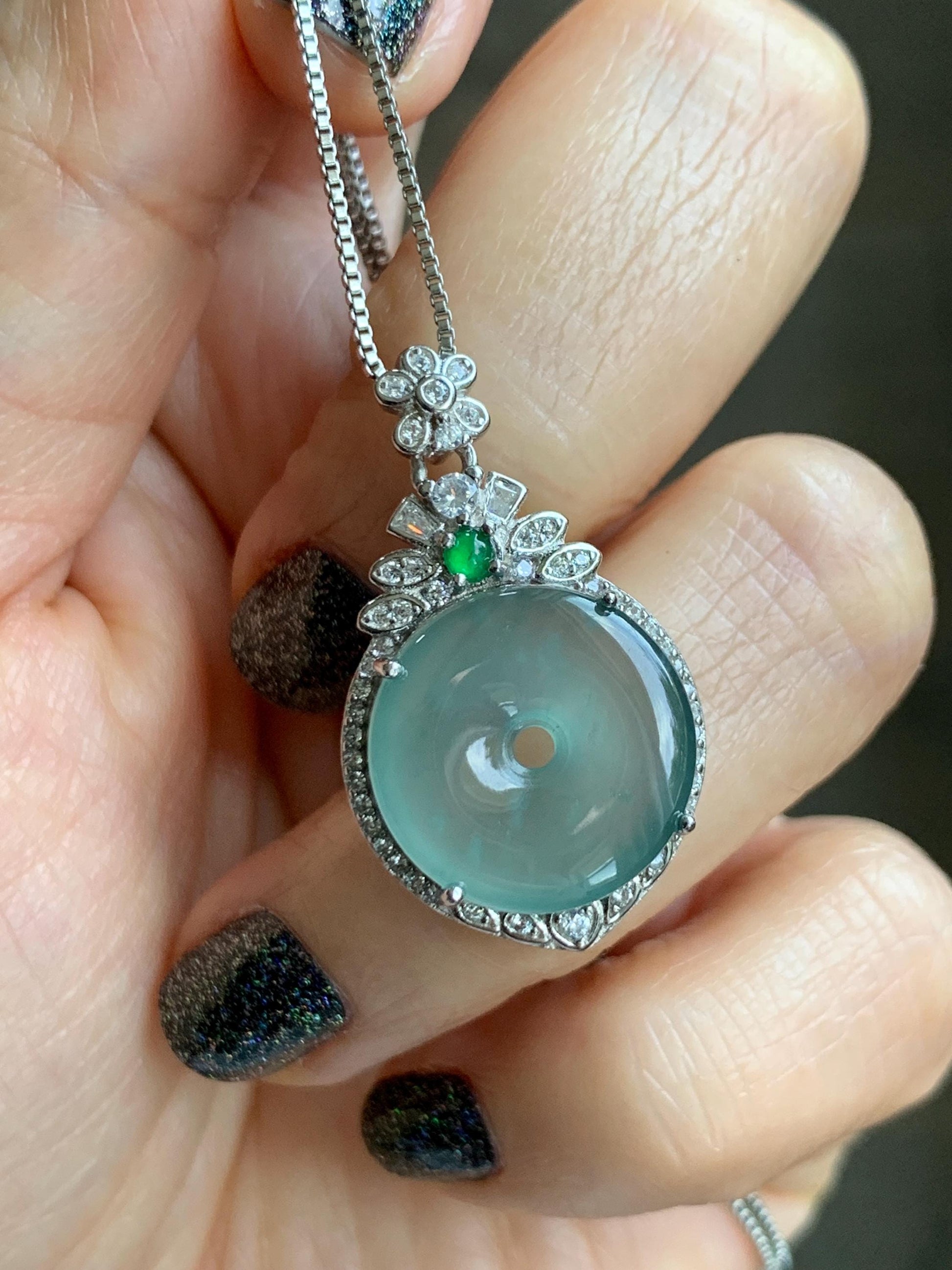 Natural Grade A Guatemalan Icy Translucent Pastel Teal Green Jade Jadeite Ping An Kou Donut Pendant Sterling Silver 天然冰危浅蓝绿翡翠平安扣吊坠 WQK204C
