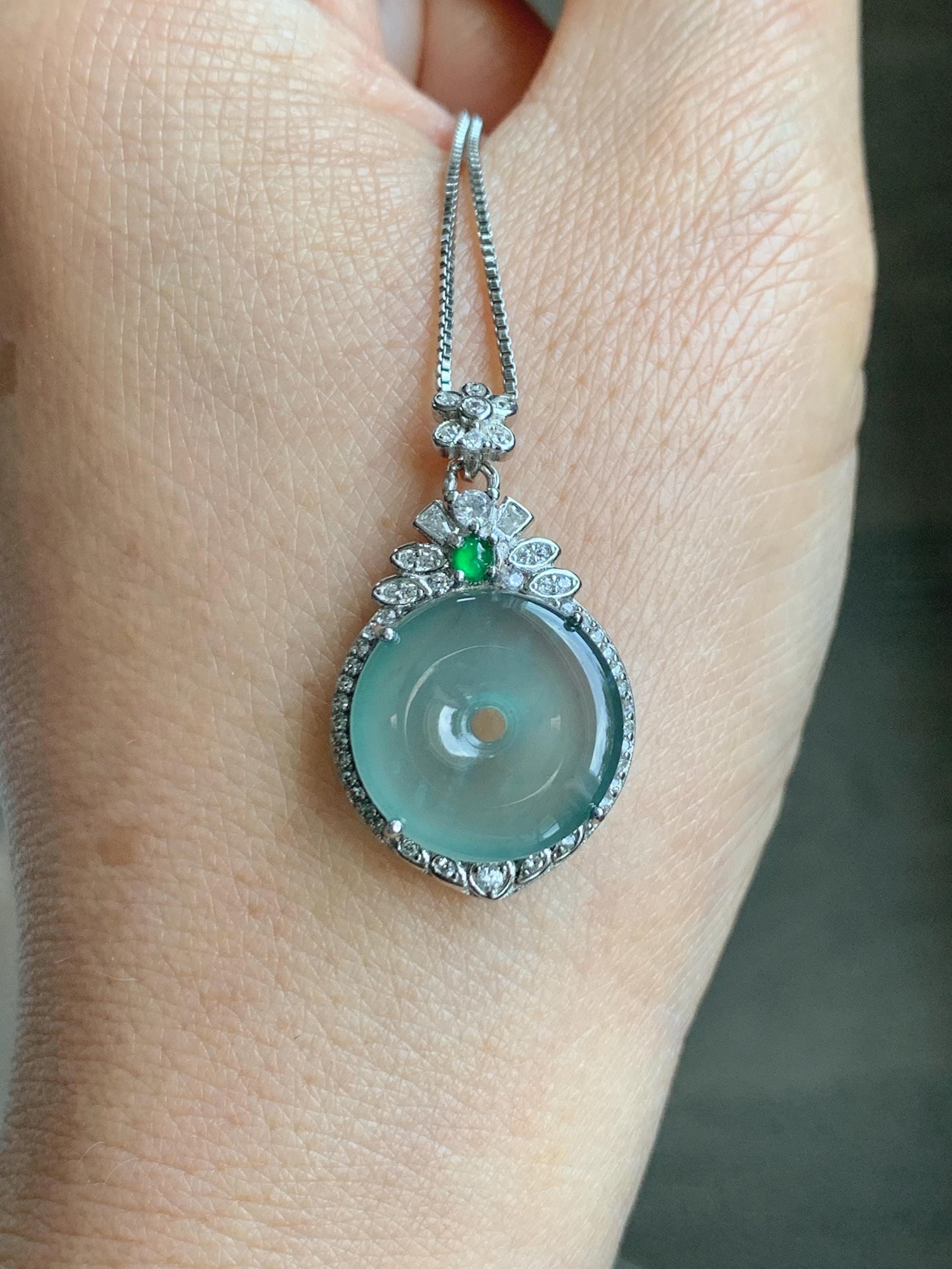 Natural Grade A Guatemalan Icy Translucent Pastel Teal Green Jade Jadeite Ping An Kou Donut Pendant Sterling Silver 天然冰危浅蓝绿翡翠平安扣吊坠 WQK204C