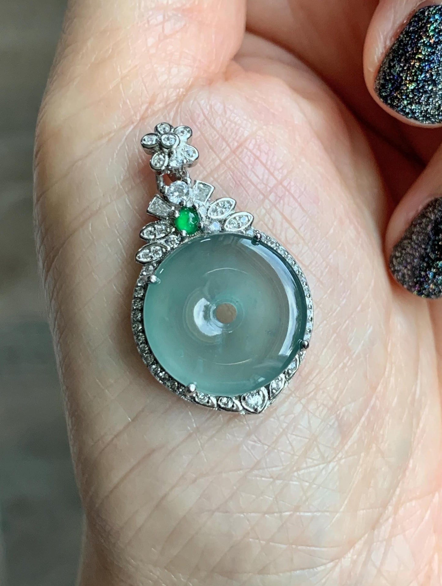 Natural Grade A Guatemalan Icy Translucent Pastel Teal Green Jade Jadeite Ping An Kou Donut Pendant Sterling Silver 天然冰危浅蓝绿翡翠平安扣吊坠 WQK204C