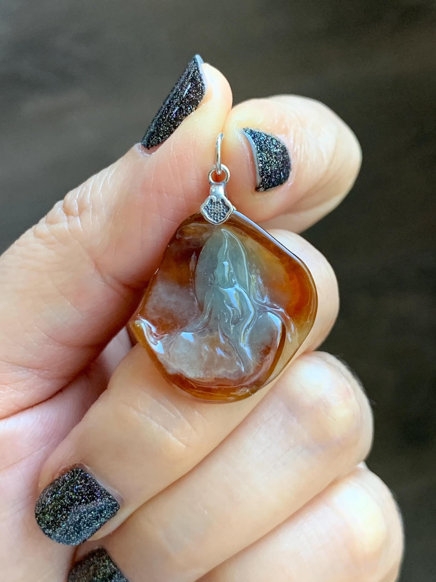 Natural Grade A Bicolored Icy White & Red Highly Translucent Jade Jadeite Carved Wu Dao Pendant Sterling Silver 5g 天然冰油红皮双色翡翠悟道镶嵌吊坠 MHP228