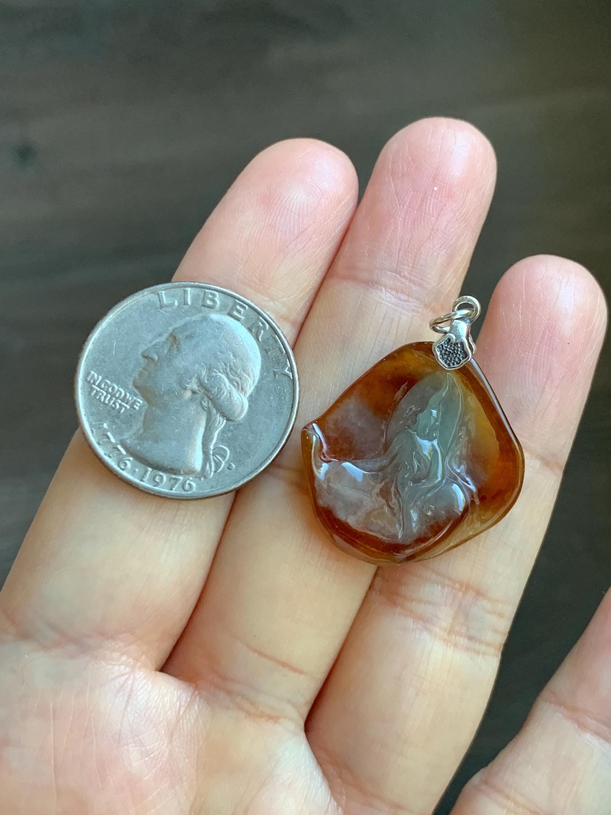 Natural Grade A Bicolored Icy White & Red Highly Translucent Jade Jadeite Carved Wu Dao Pendant Sterling Silver 5g 天然冰油红皮双色翡翠悟道镶嵌吊坠 MHP228