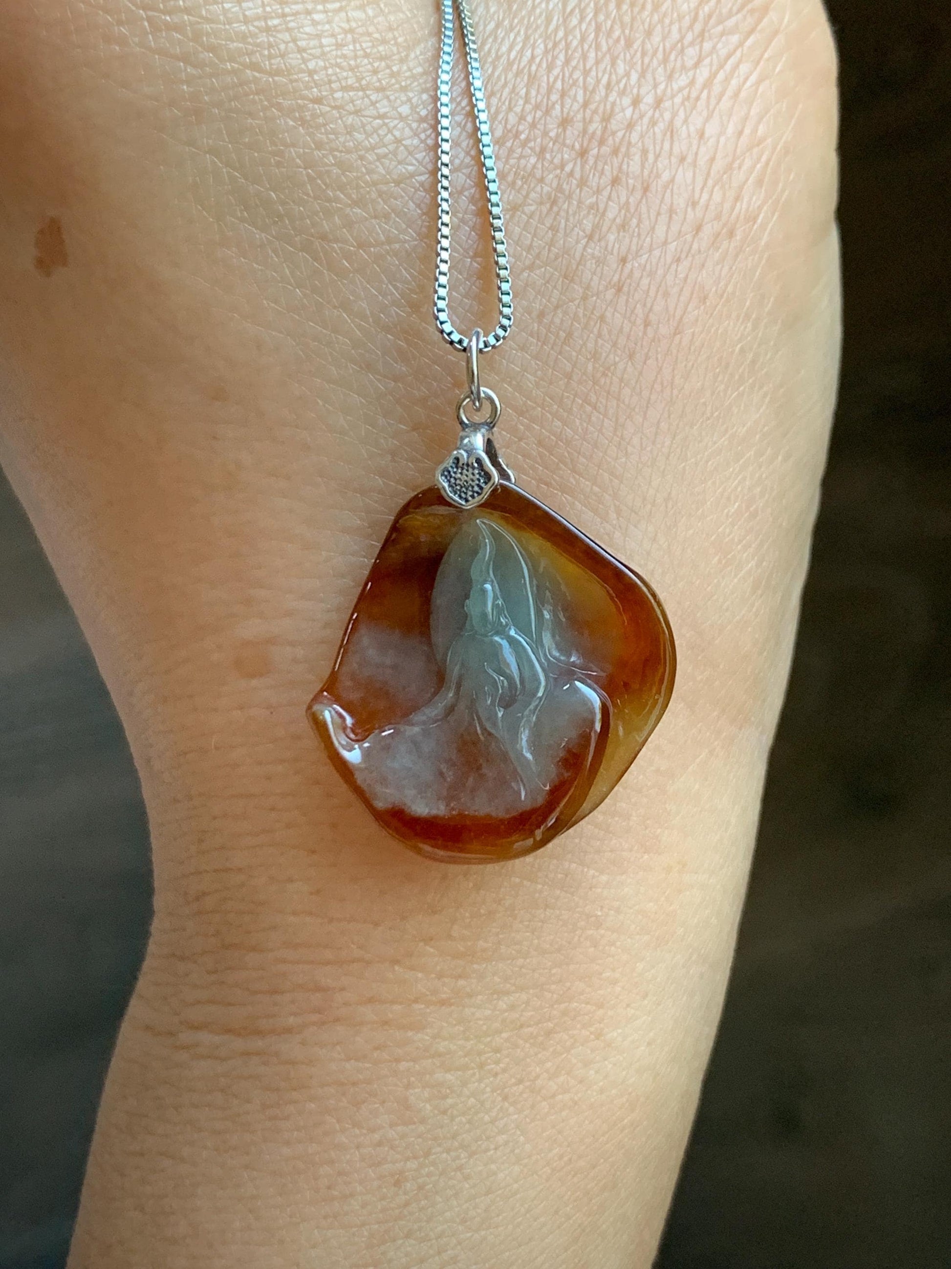 Natural Grade A Bicolored Icy White & Red Highly Translucent Jade Jadeite Carved Wu Dao Pendant Sterling Silver 5g 天然冰油红皮双色翡翠悟道镶嵌吊坠 MHP228