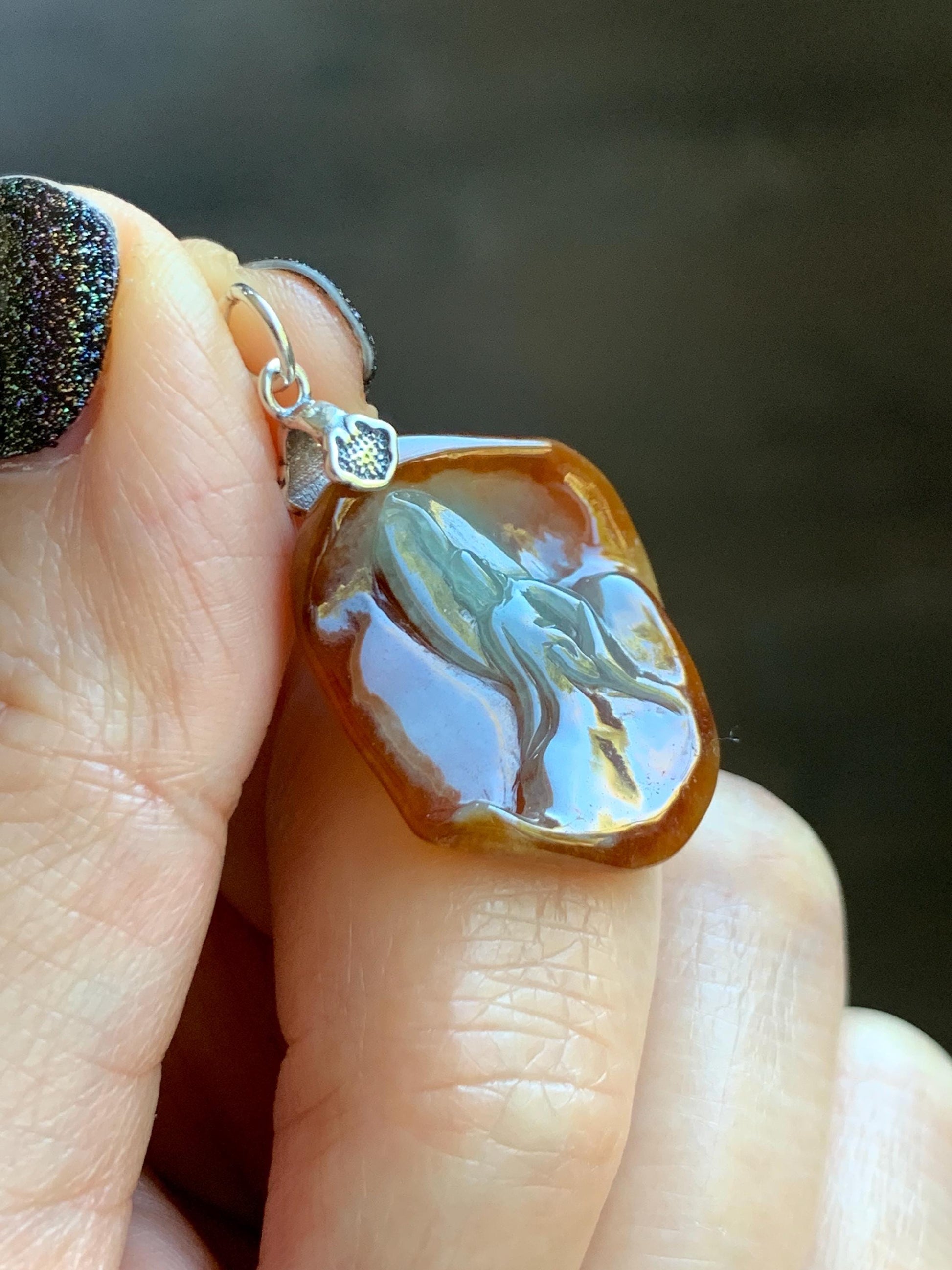 Natural Grade A Bicolored Icy White & Red Highly Translucent Jade Jadeite Carved Wu Dao Pendant Sterling Silver 5g 天然冰油红皮双色翡翠悟道镶嵌吊坠 MHP228