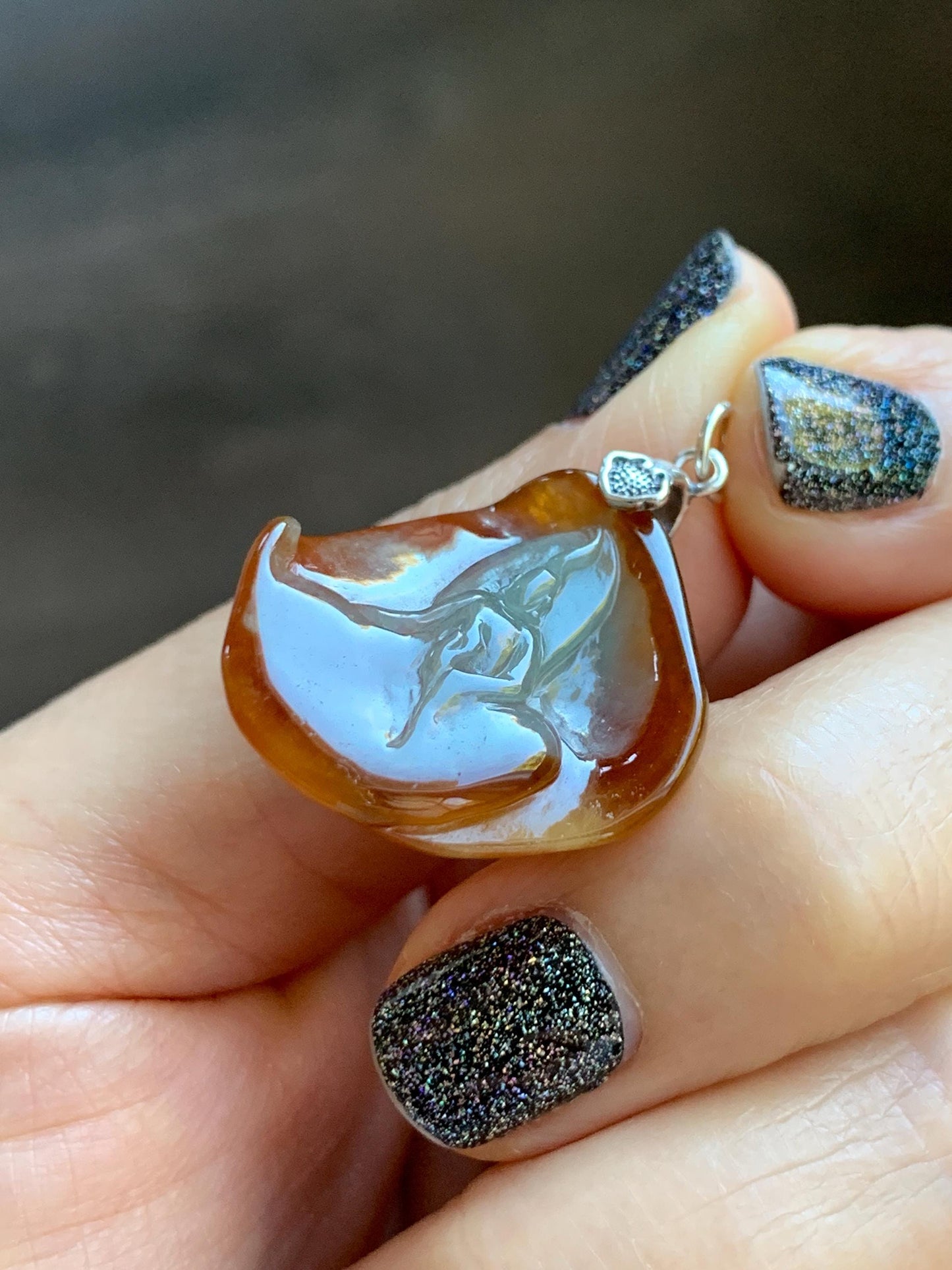 Natural Grade A Bicolored Icy White & Red Highly Translucent Jade Jadeite Carved Wu Dao Pendant Sterling Silver 5g 天然冰油红皮双色翡翠悟道镶嵌吊坠 MHP228