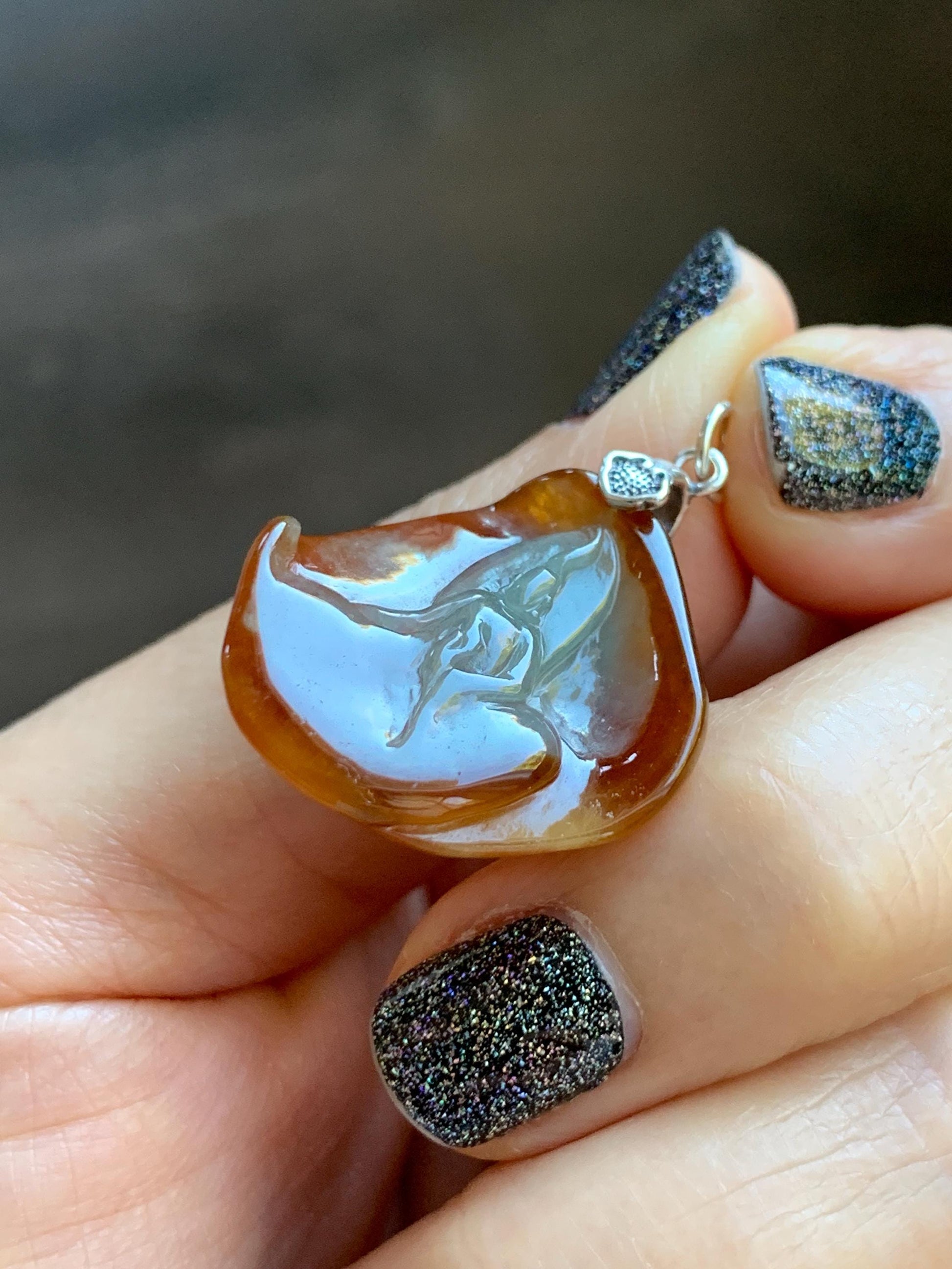 Natural Grade A Bicolored Icy White & Red Highly Translucent Jade Jadeite Carved Wu Dao Pendant Sterling Silver 5g 天然冰油红皮双色翡翠悟道镶嵌吊坠 MHP228