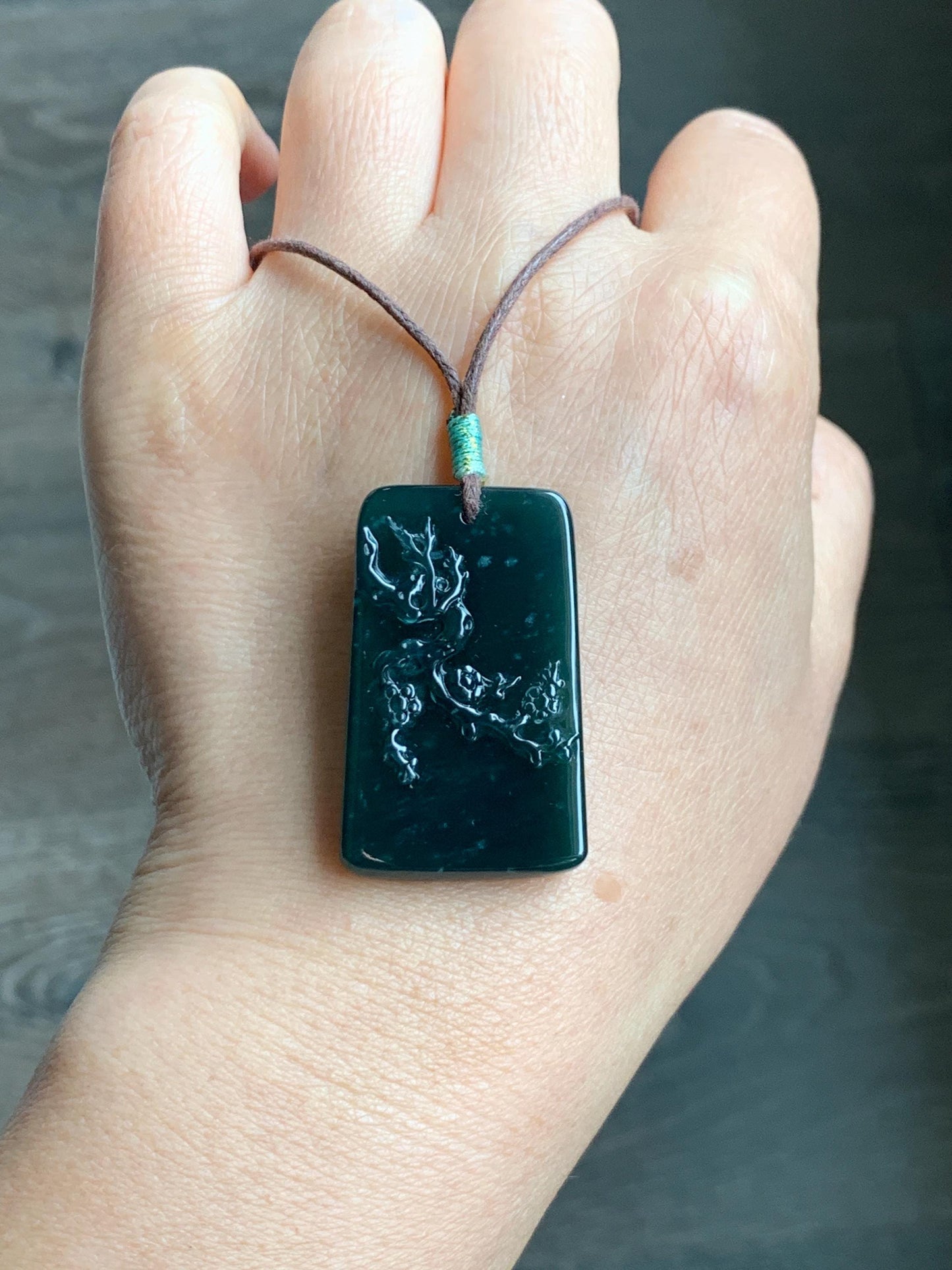 Natural Grade A Guatemalan Icy Translucent Dark Teal Blue Jade Jadeite Cherry Blossom Branch Pendant Rope Necklace 28” 天然冰危深蓝翡翠梅花枝吊坠 LWL248