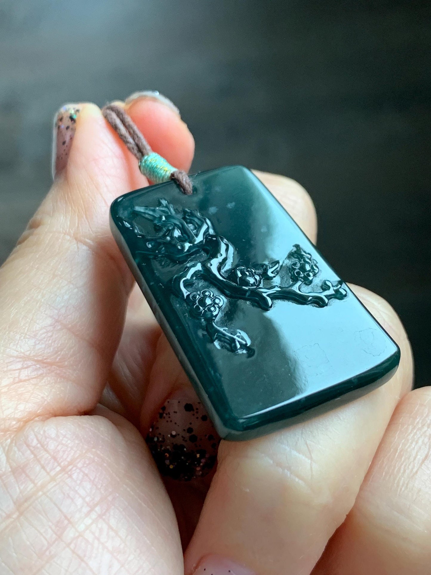 Natural Grade A Guatemalan Icy Translucent Dark Teal Blue Jade Jadeite Cherry Blossom Branch Pendant Rope Necklace 28” 天然冰危深蓝翡翠梅花枝吊坠 LWL248