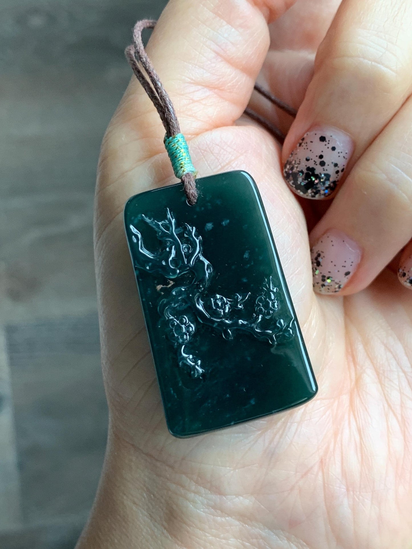 Natural Grade A Guatemalan Icy Translucent Dark Teal Blue Jade Jadeite Cherry Blossom Branch Pendant Rope Necklace 28” 天然冰危深蓝翡翠梅花枝吊坠 LWL248