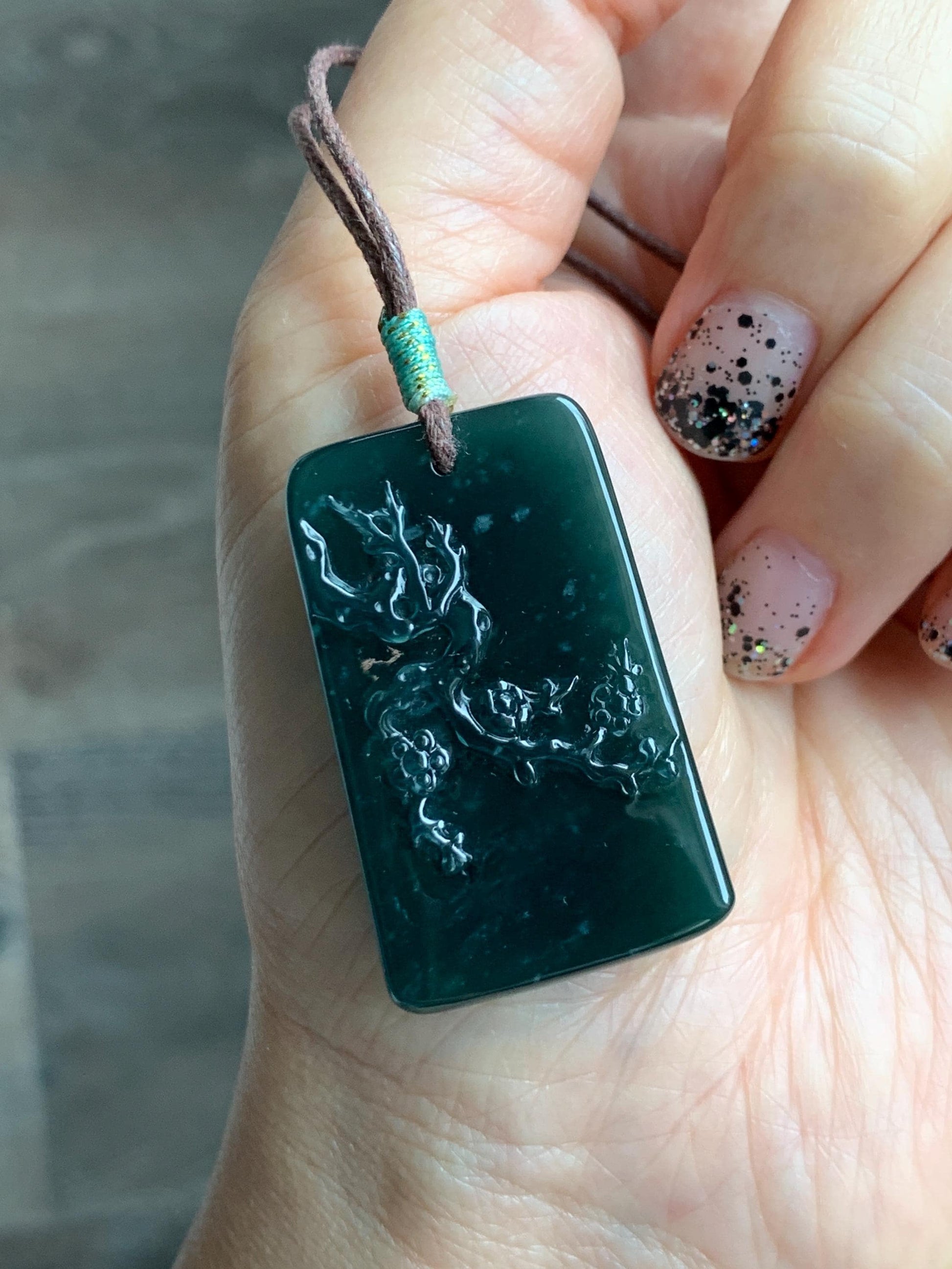 Natural Grade A Guatemalan Icy Translucent Dark Teal Blue Jade Jadeite Cherry Blossom Branch Pendant Rope Necklace 28” 天然冰危深蓝翡翠梅花枝吊坠 LWL248