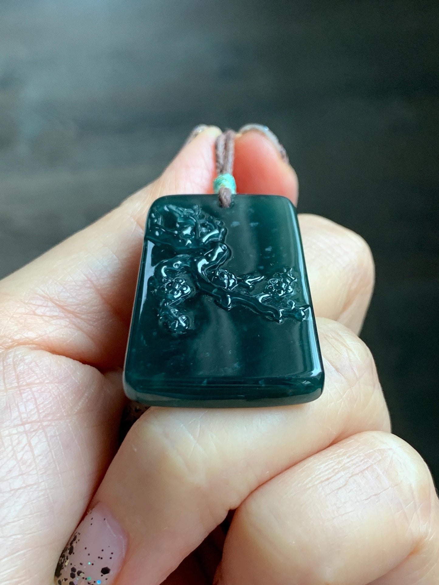 Natural Grade A Guatemalan Icy Translucent Dark Teal Blue Jade Jadeite Cherry Blossom Branch Pendant Rope Necklace 28” 天然冰危深蓝翡翠梅花枝吊坠 LWL248