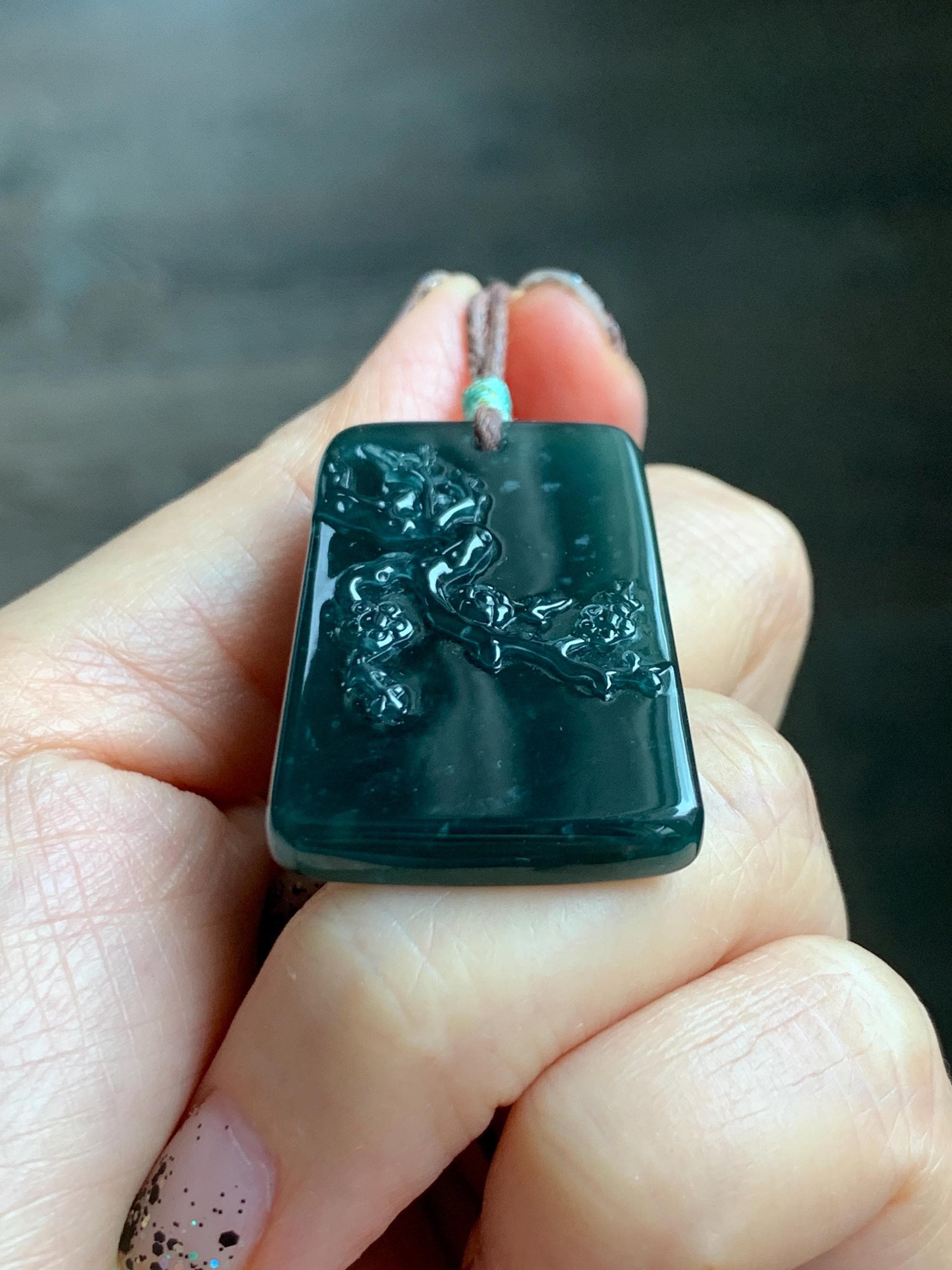 Natural Grade A Guatemalan Icy Translucent Dark Teal Blue Jade Jadeite Cherry Blossom Branch Pendant Rope Necklace 28” 天然冰危深蓝翡翠梅花枝吊坠 LWL248