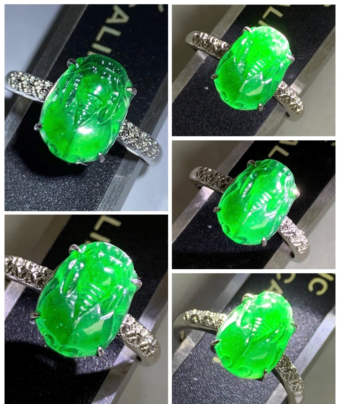 Natural Grade A Guatemalan Icy Translucent Vibrant Green Jade Jadeite Pixiu Ring Sterling Silver Size 7 Adjustable 天然冰危绿翡翠貔貅银镶戒指 WPX110