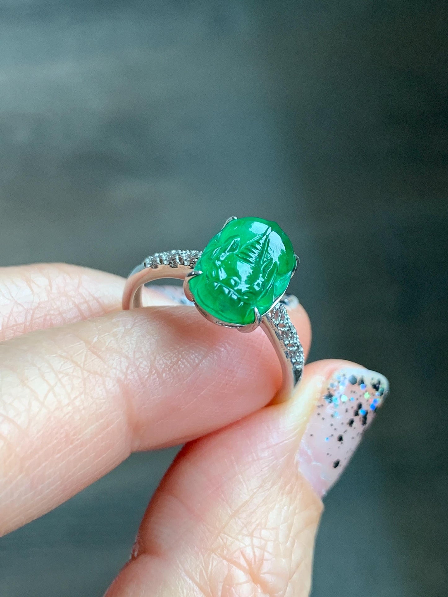 Natural Grade A Guatemalan Icy Translucent Vibrant Green Jade Jadeite Pixiu Ring Sterling Silver Size 7 Adjustable 天然冰危绿翡翠貔貅银镶戒指 WPX110